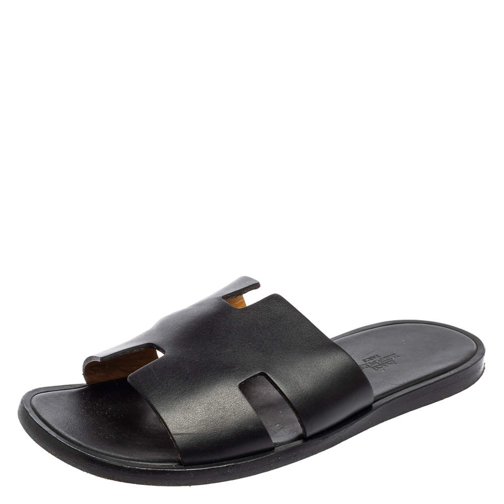 Hermes Black Leather Izmir Flat Slides Size 40