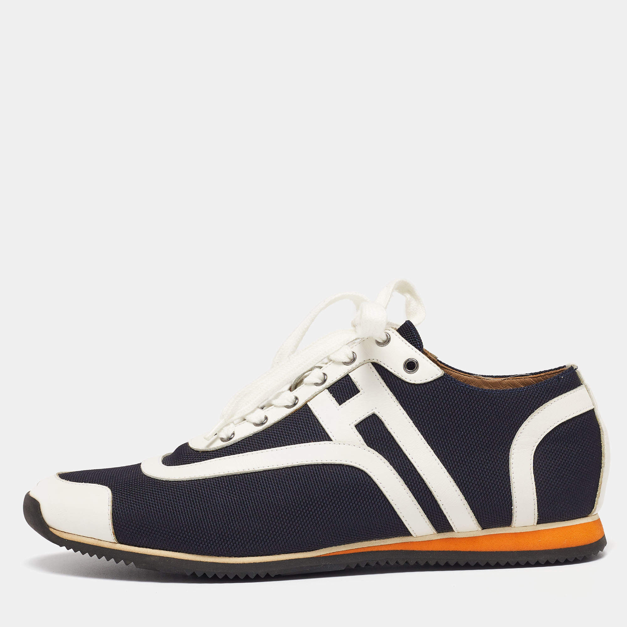 Hermes Navy Blue/White Leather And Canvas Tie Break Low Top Sneakers Size 41 