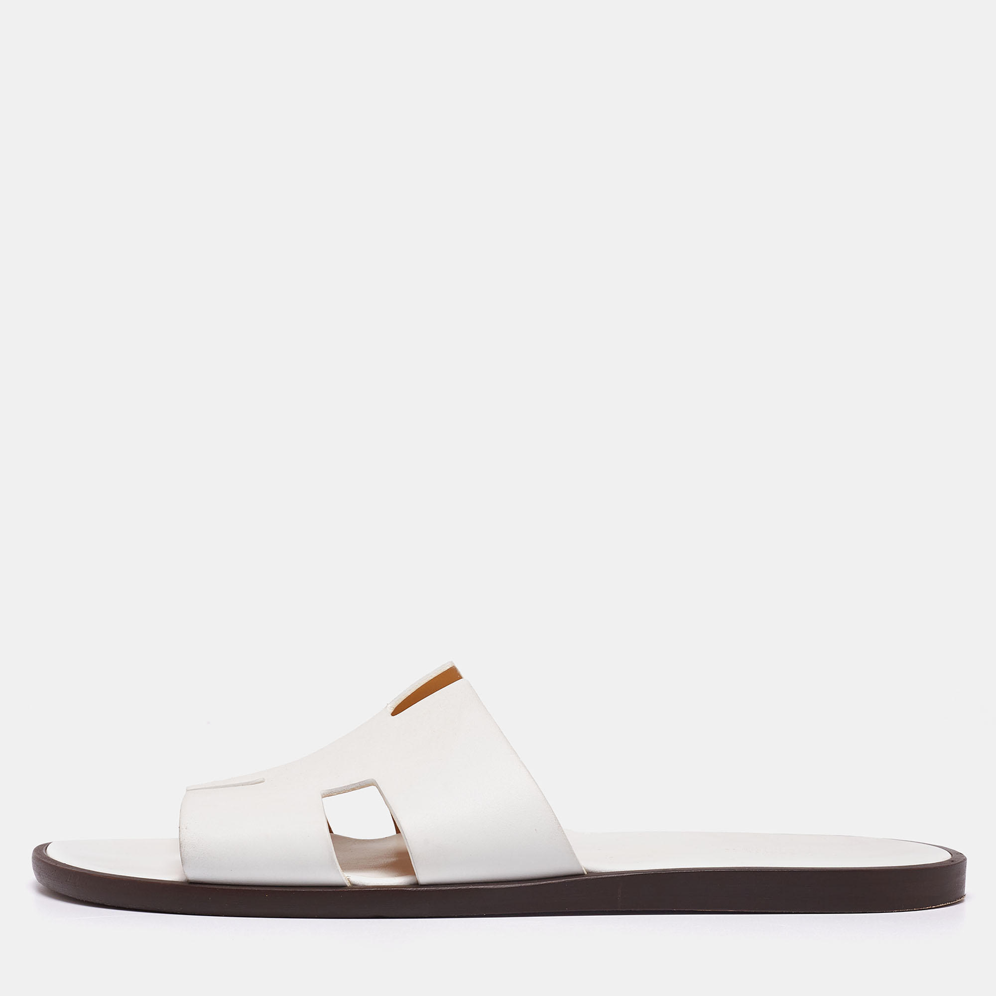 Hermes White Leather Izmir Flat Slides Size 46