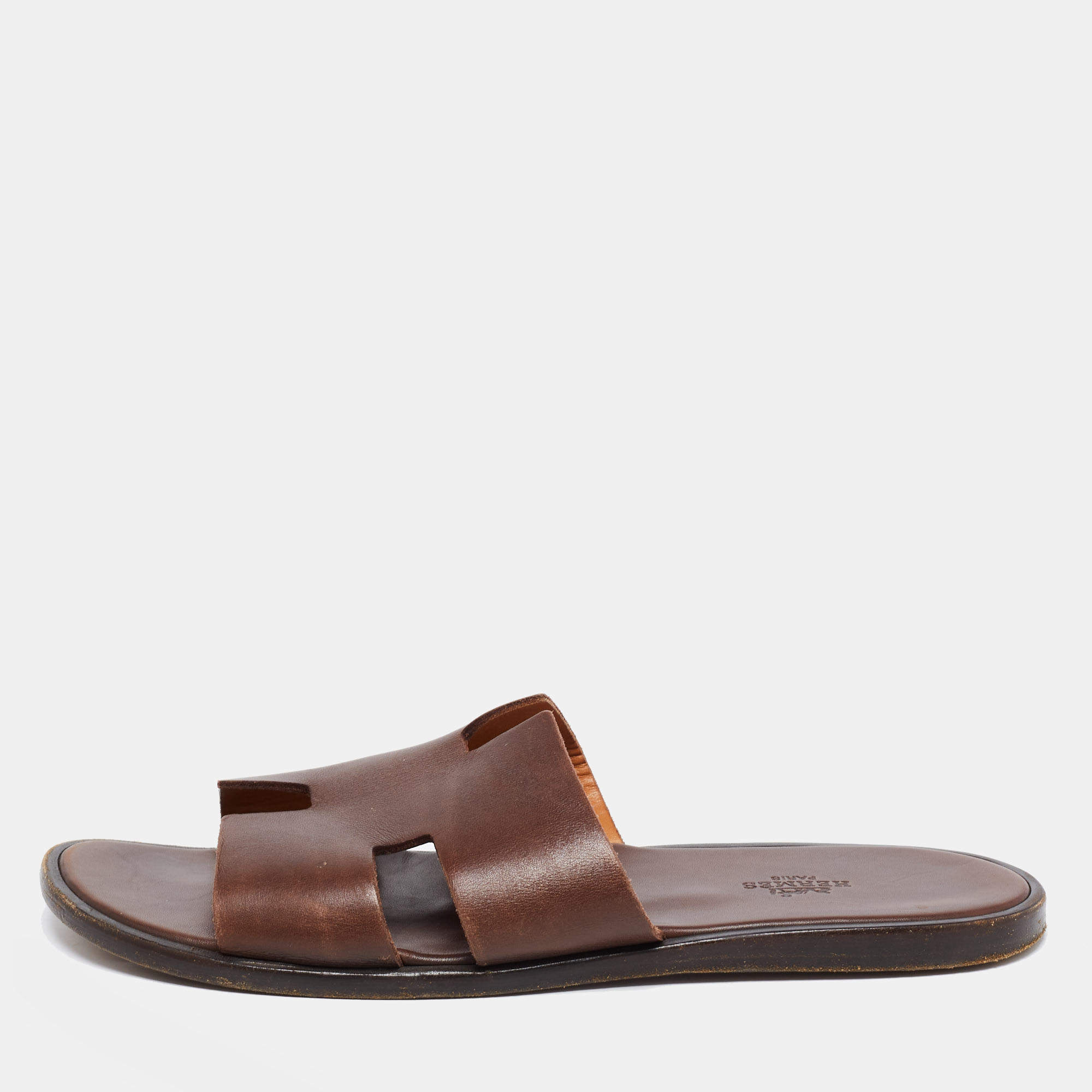 Hermes Dark Brown Leather Izmir Slides Size 43