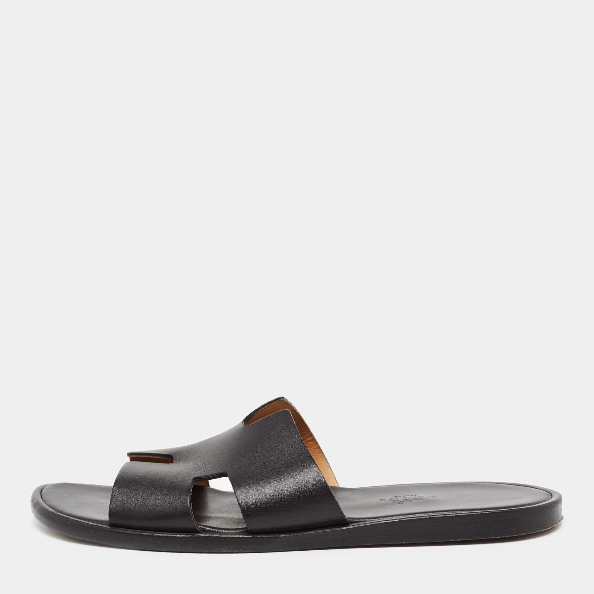 Hermes Black Leather Izmir Flat Slides Size 42  