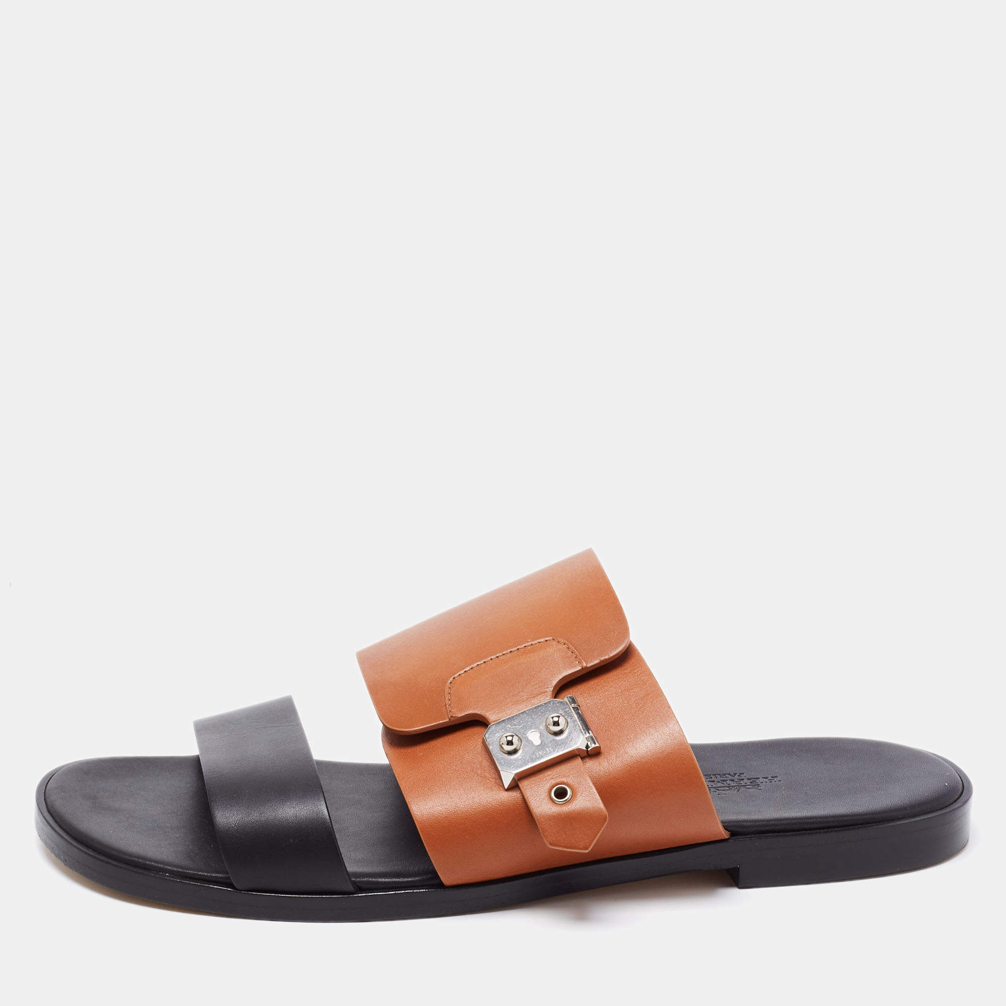 Hermes Brown/Black Leather Ionie Flat Slide Sandals Size 40.5