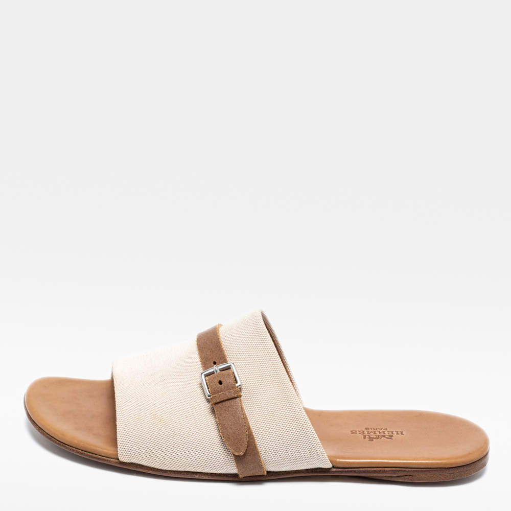 Hermes Cream/Brown Canvas And Leather Flat Sandals Size 41