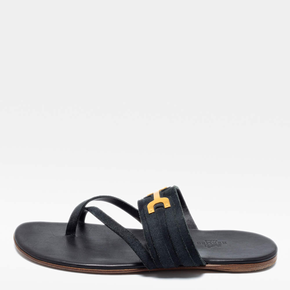 Pre Owned Hermes Black Suede Ring Toe Flat Sandals Size 41