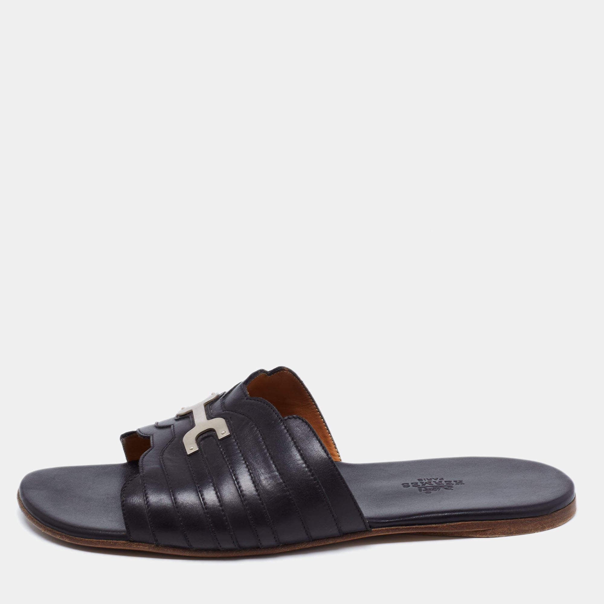 Hermes Black Leather Slide  Sandals Size 41