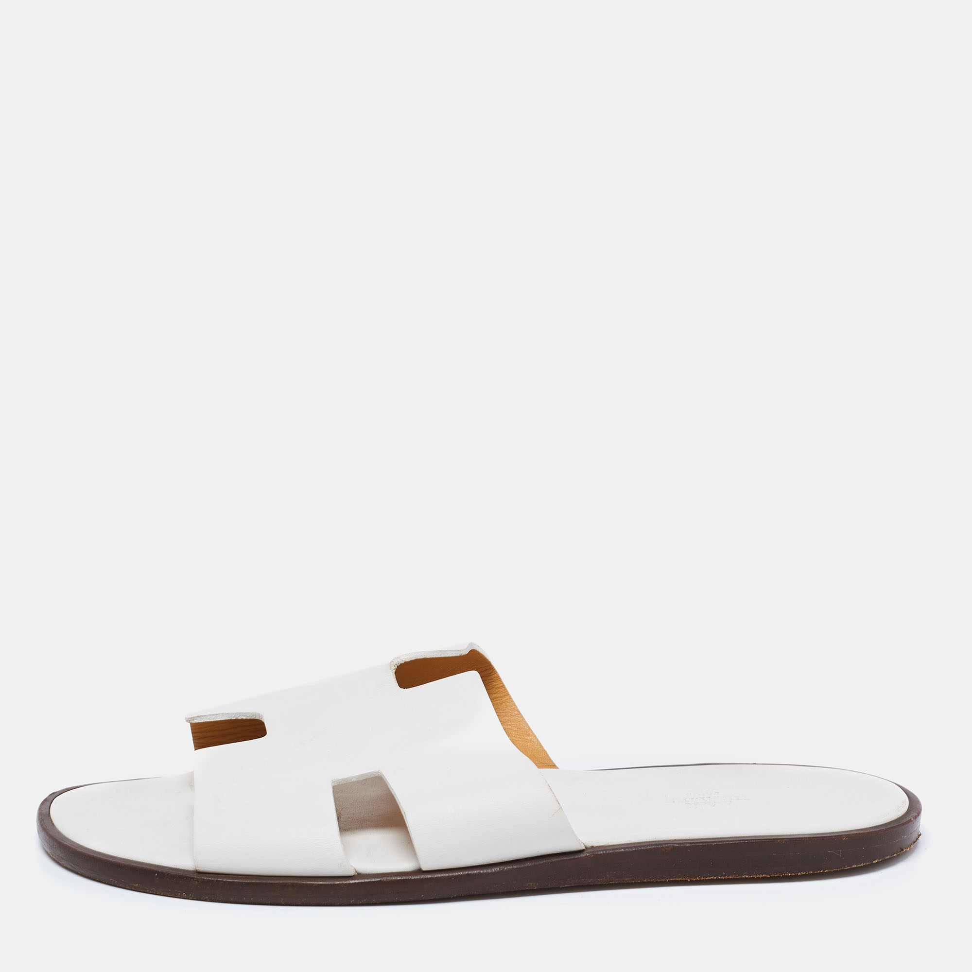 Pre Owned Hermes White Leather Izmir Slide Sandals Size 45