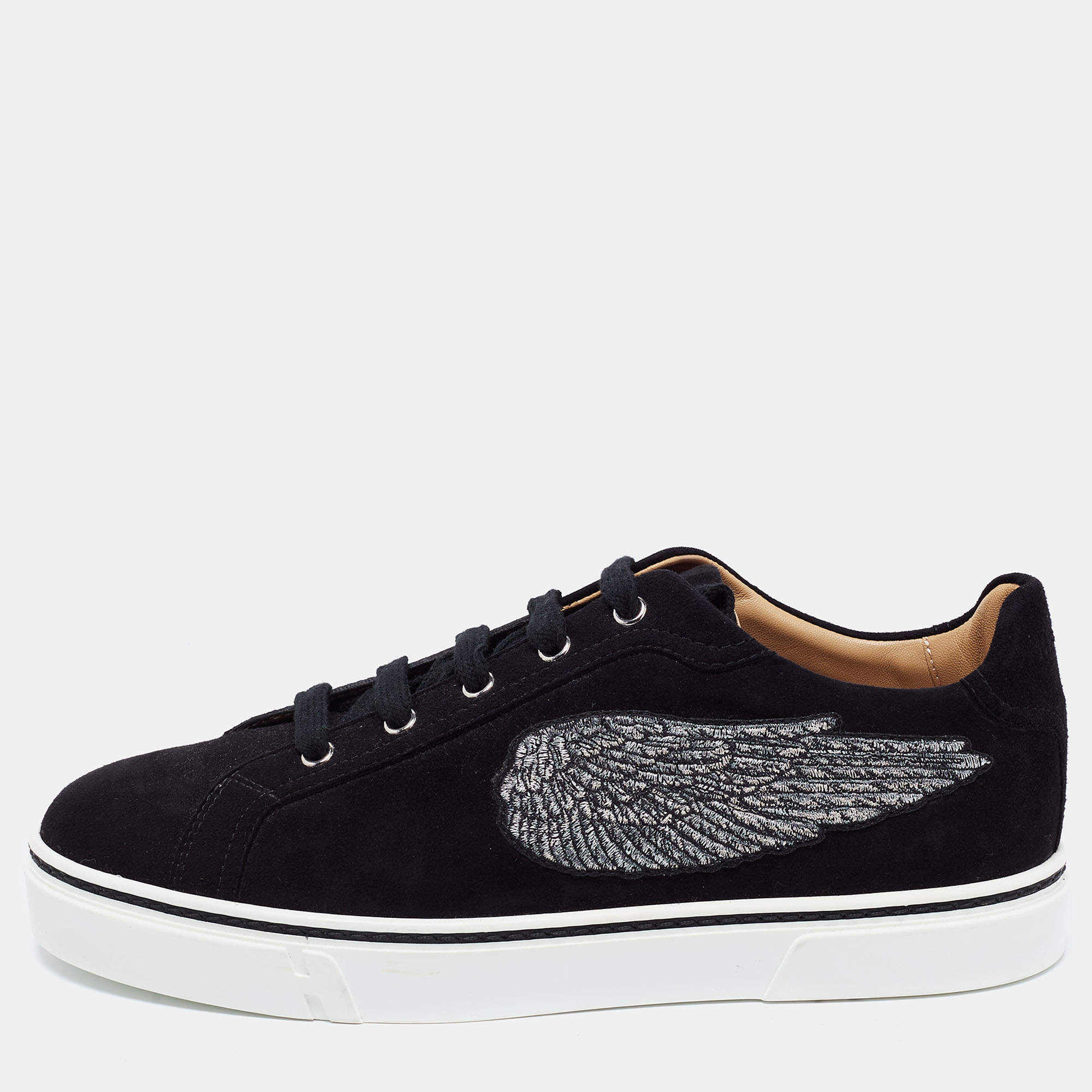 Hermes Black Suede Wing Embroidered Low Top Sneakers Size 41