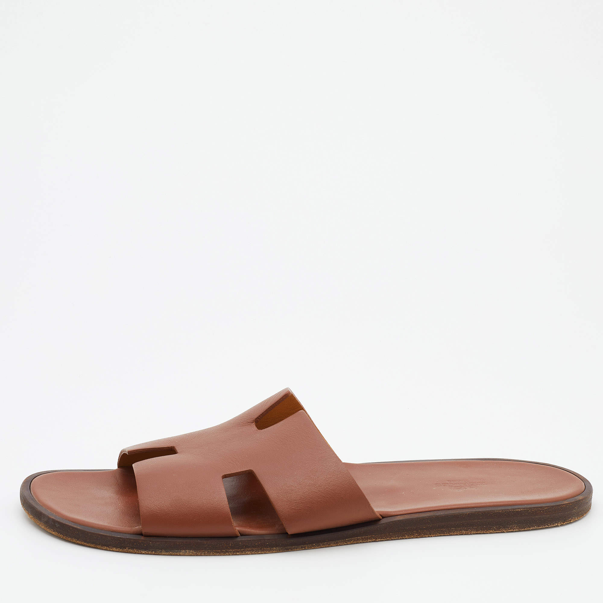 Hermes Brown Leather Izmir Flat Slides Size 47