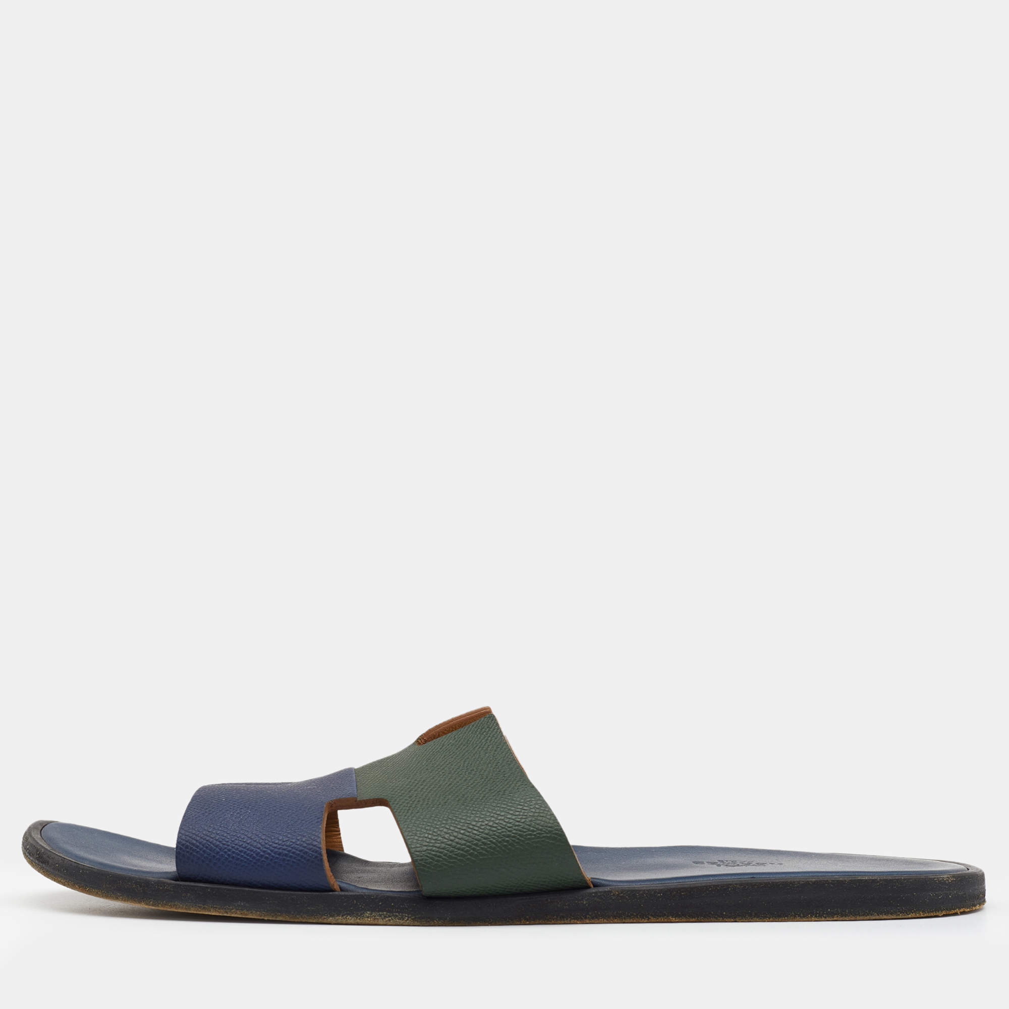 Hermes Blue/Green Leather Izmir Flat Slides Size 47