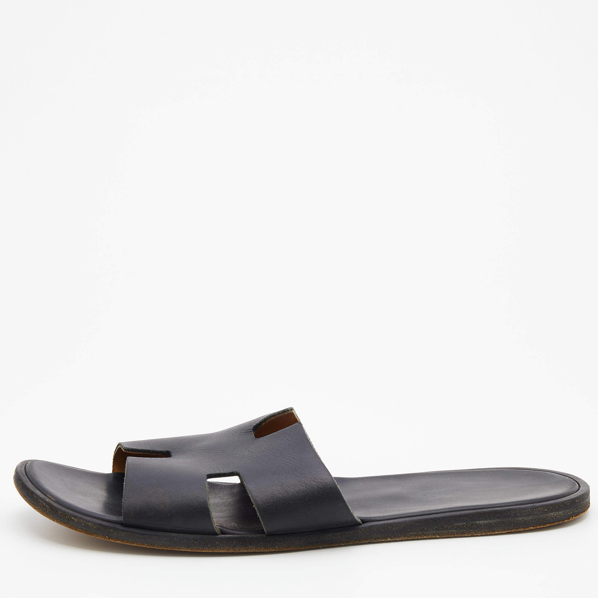 Hermes Black Leather Izmir Flat Slides Size 47