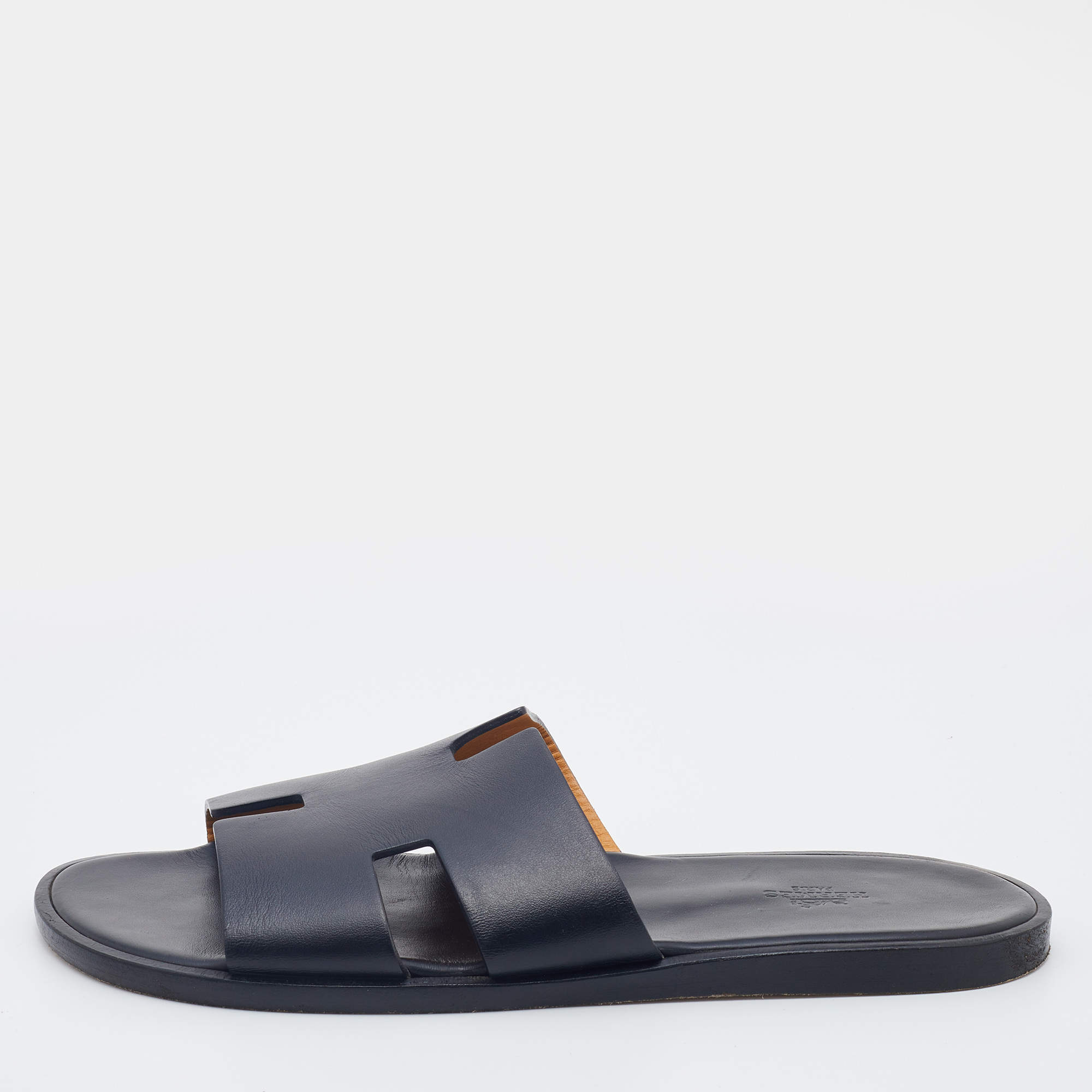Hermes Black Leather Izmir Flat Slides Size 42.5
