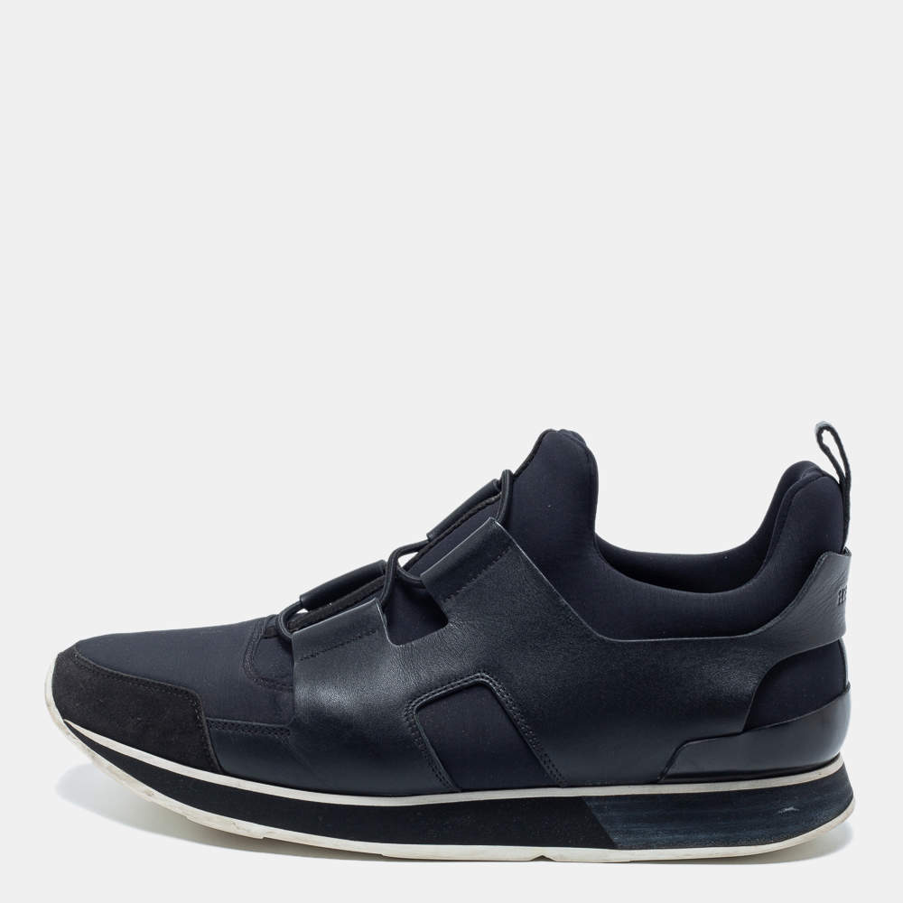 Pre Owned Hermes Black Leather And Neoprene Team Sneakers Size 42