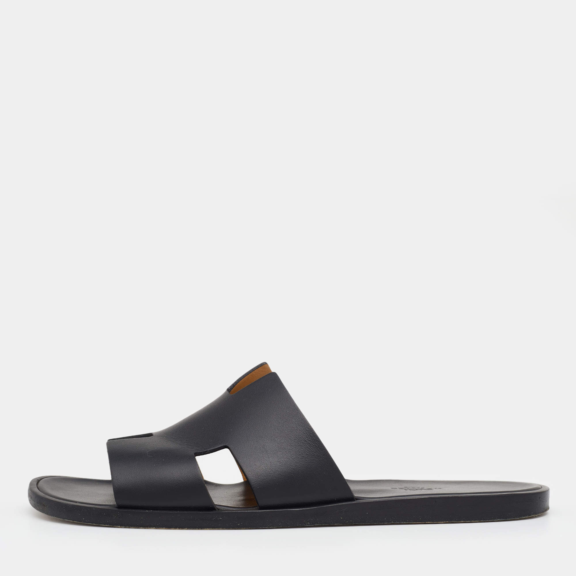 Hermes Black Leather Izmir Flat Slides Size 43