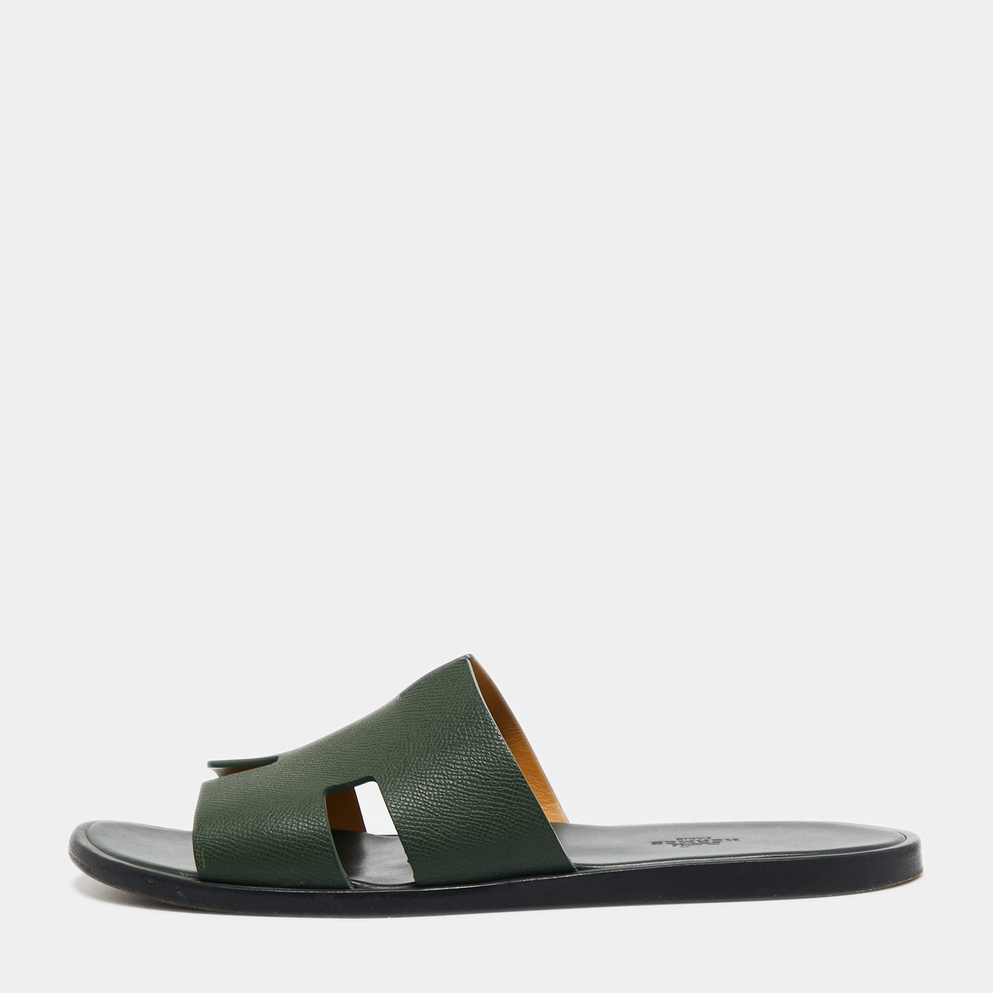 Hermes Green Leather Izmir Slide Flats  Size 43.5