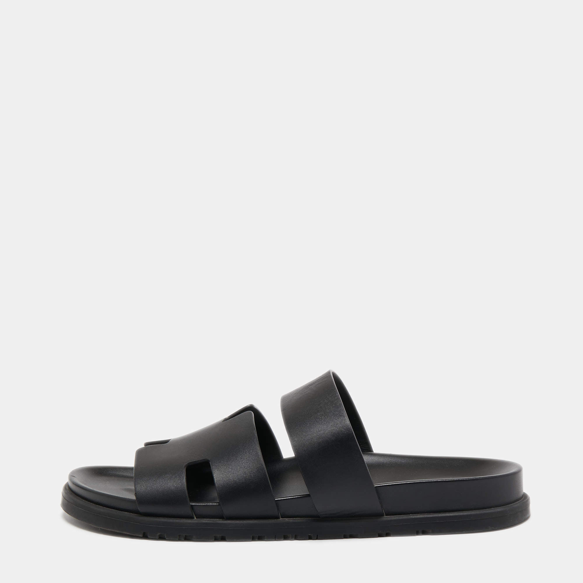 Hermes Chypre Sandal Mens Black Blue H Logo Strap Slide Slip On