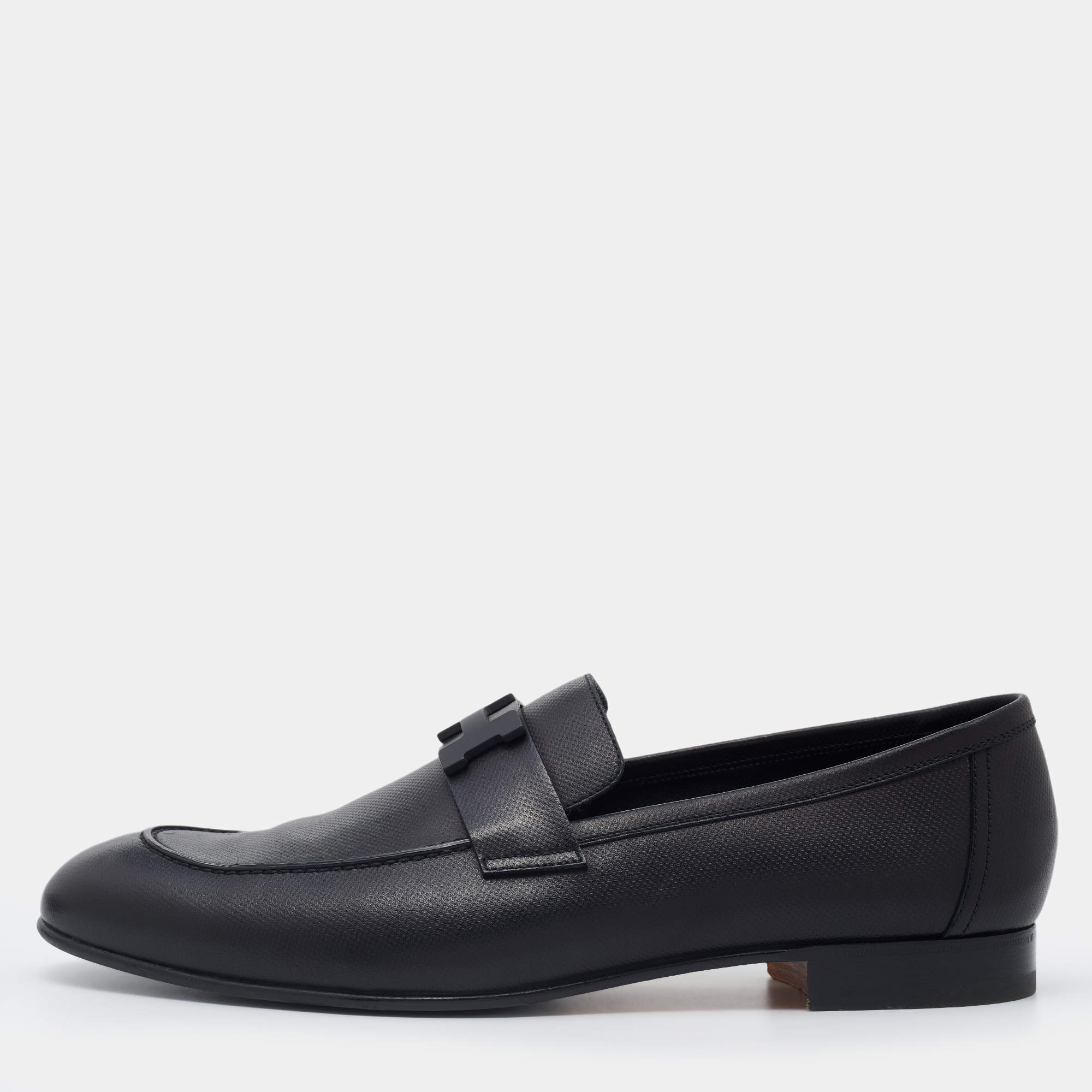 Pre Owned Hermes Black Leather Paris Slip On Loafers Size 45