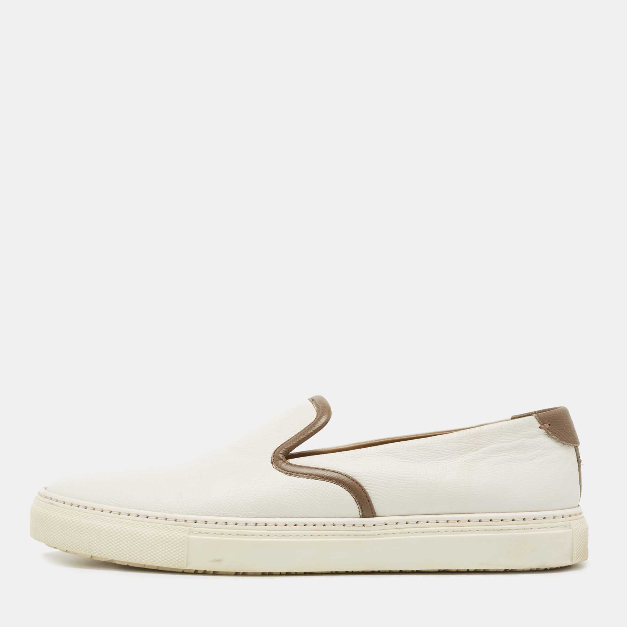 Hermes White/Brown Leather Kick Slip On Sneakers Size 42