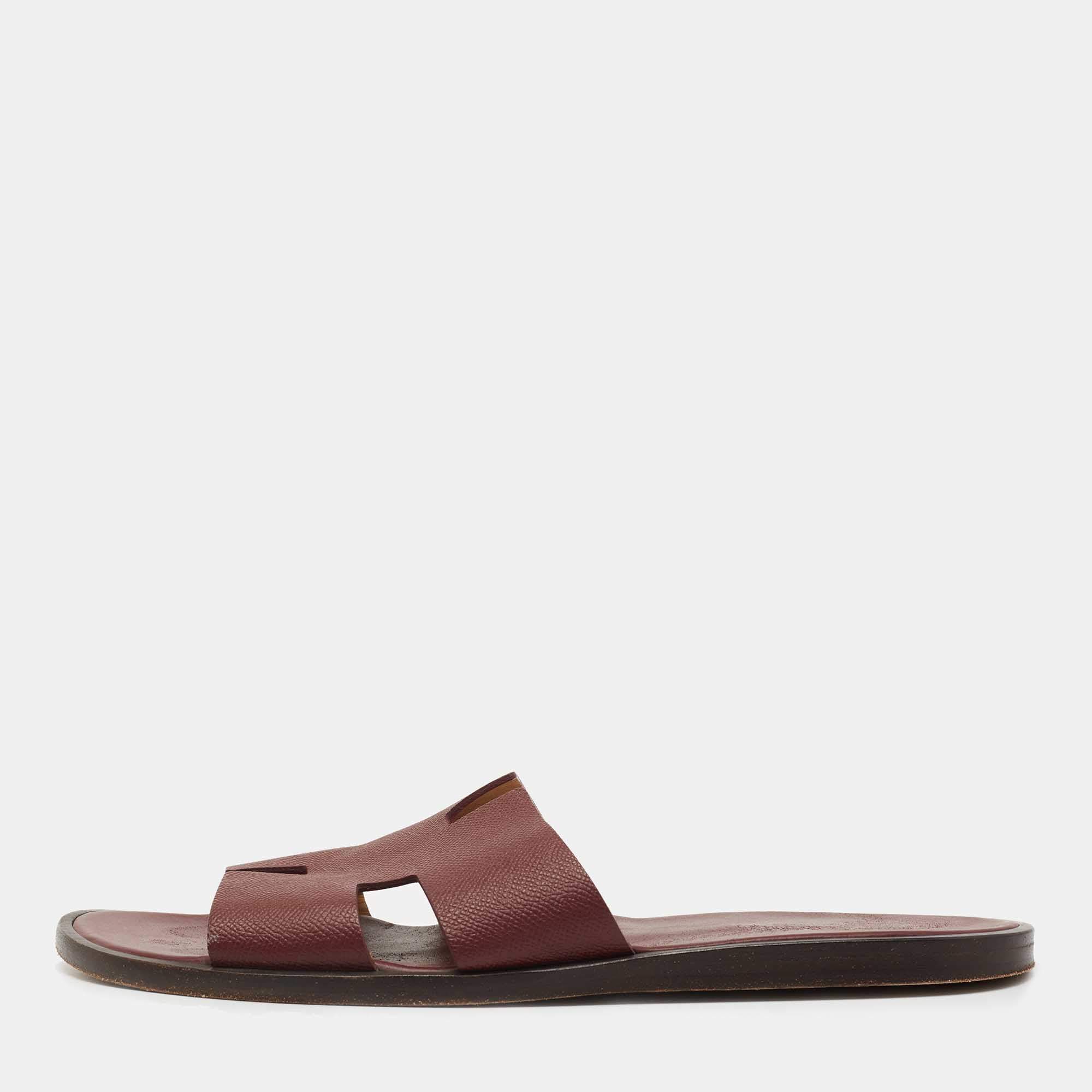 Hermes Burgundy Leather Izmir Slides Size 46.5