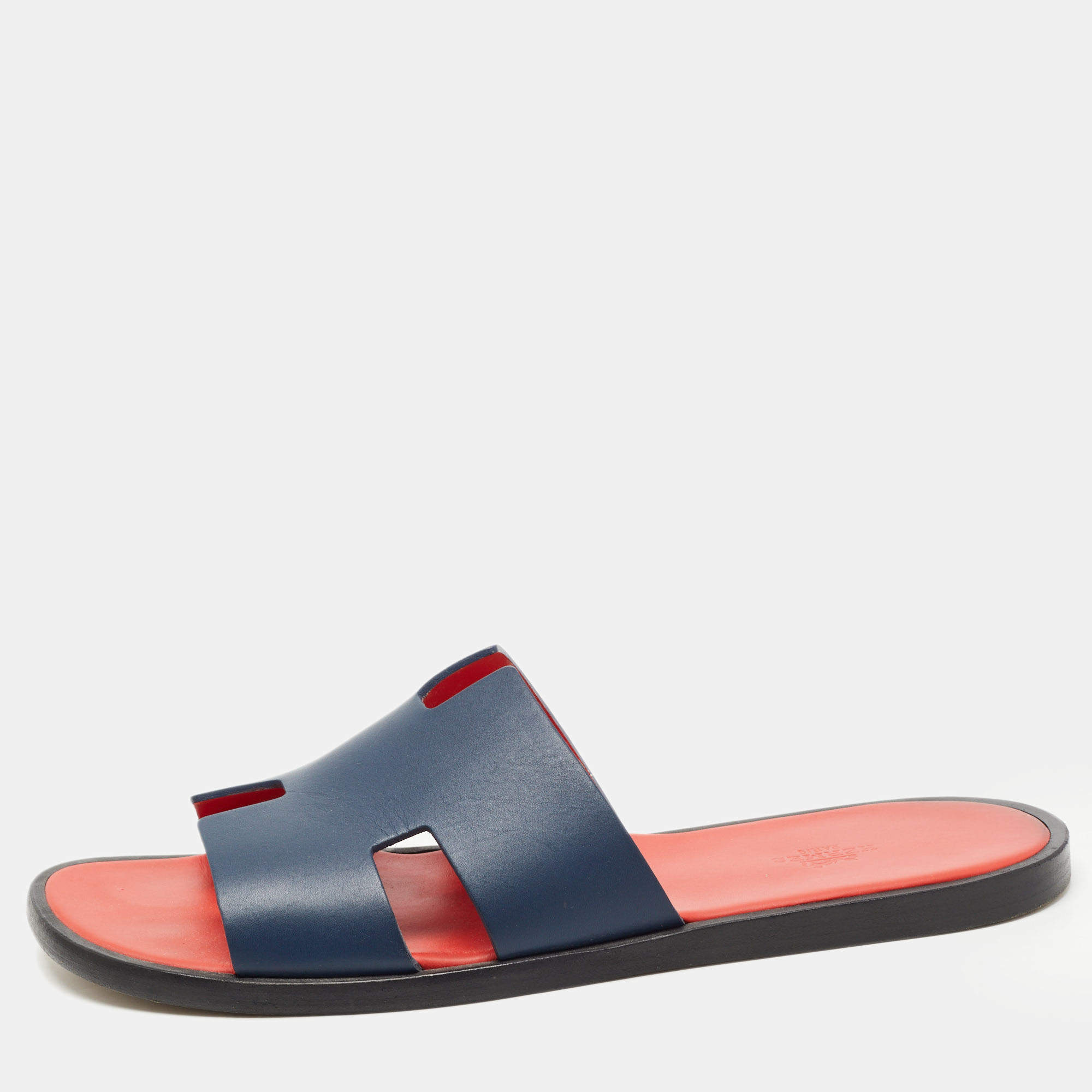 Hermès Dark Blue Leather Izmir Slide Flats Size 42.5