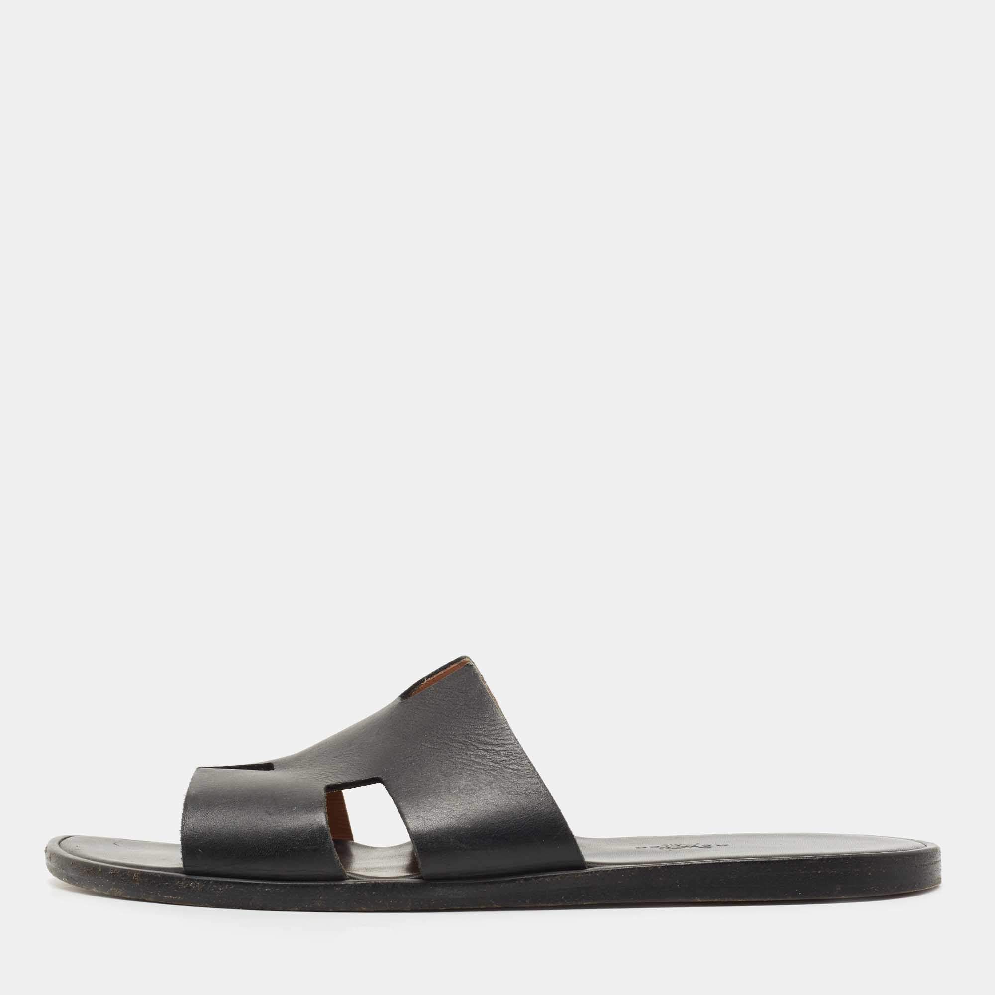 Hermes Black Leather Izmir Flat Slides Size 44