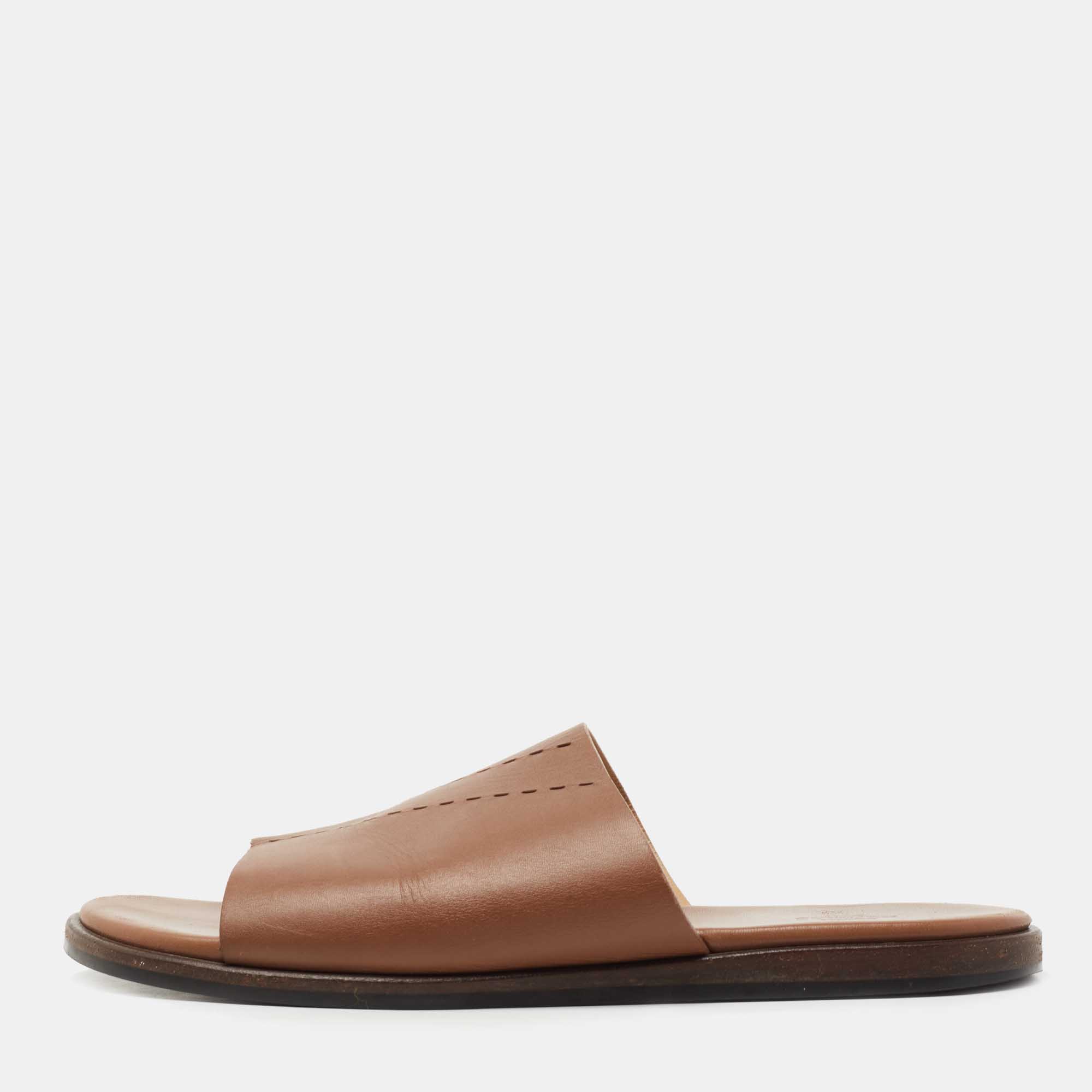 Hermes Brown Leather Izmir Flat Slide Size 44 