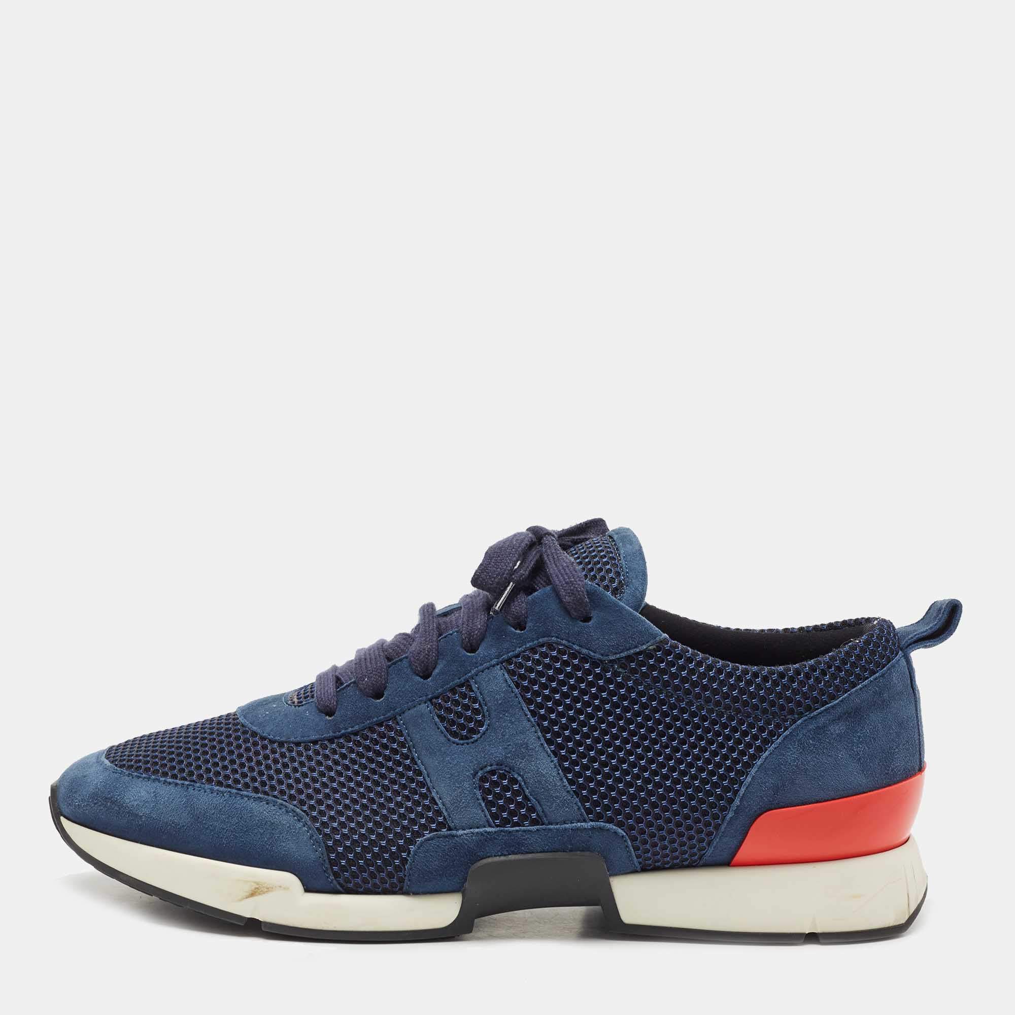 Hermes Navy Blue/Black Suede and Mesh Low Top Sneakers Size 43