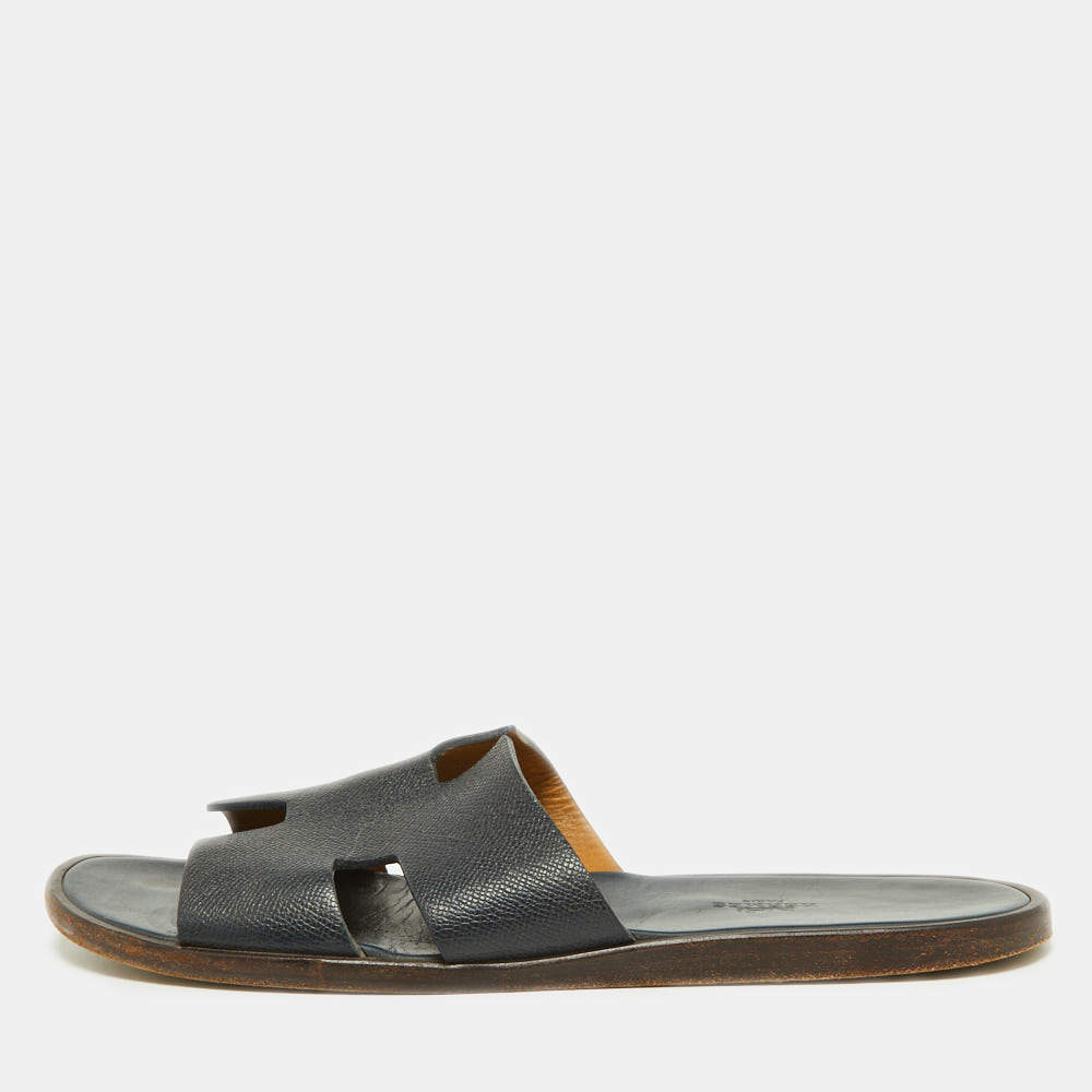 Hermes Navy Blue Leather Izmir Slides Size 44