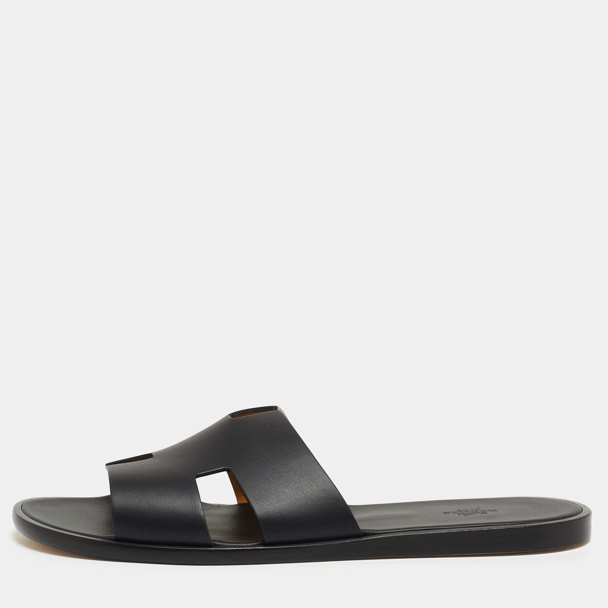 Hermes Black Leather Izmir Slide Flats Size 47