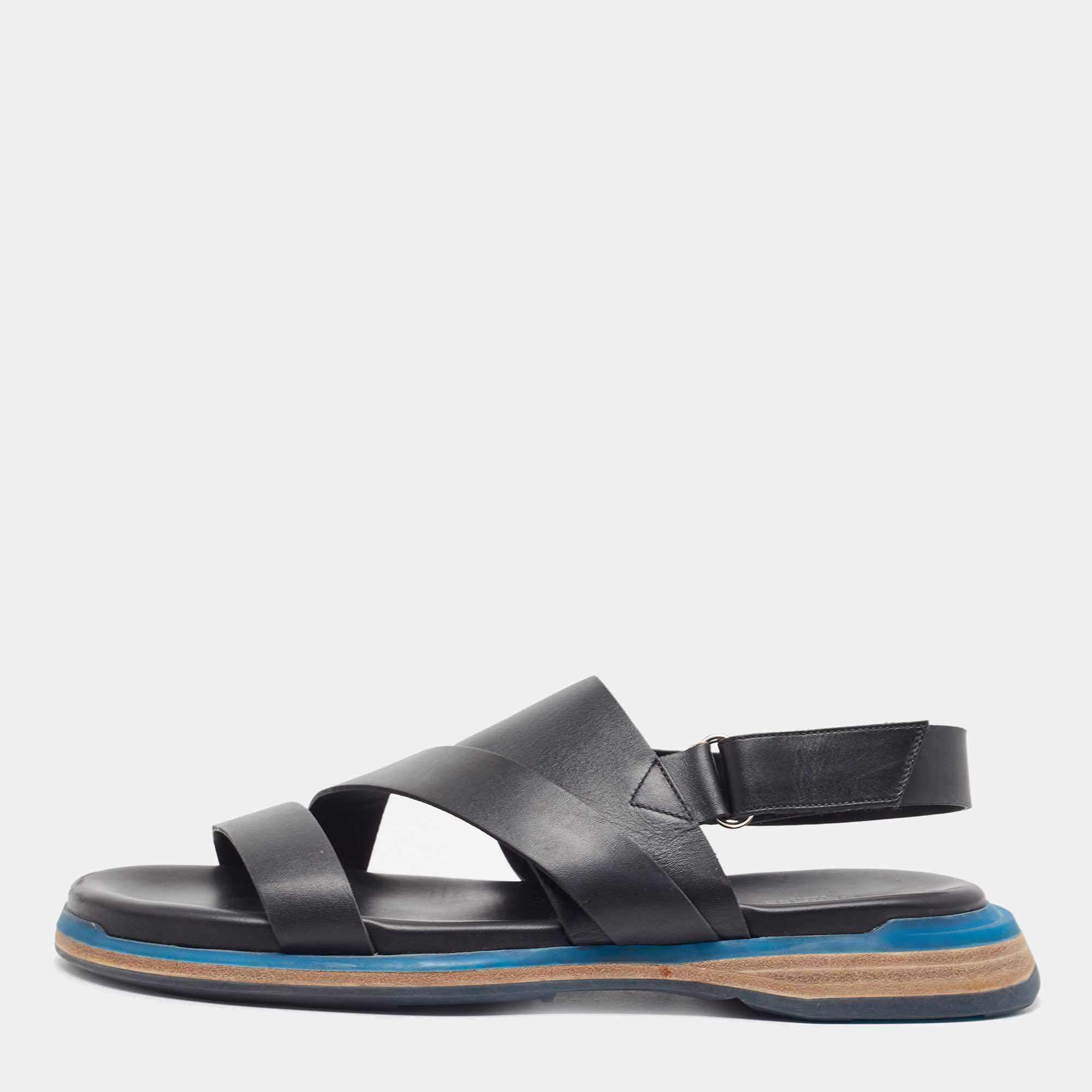 Hermes Black Leather Athene Velcro Slingback Flat Sandals Size 43.5