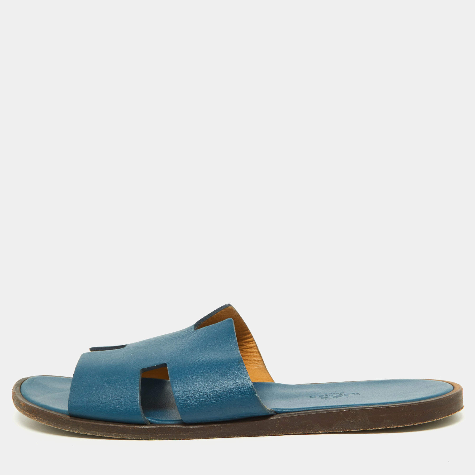 Hermes Blue Leather Izmir Slides Size 41