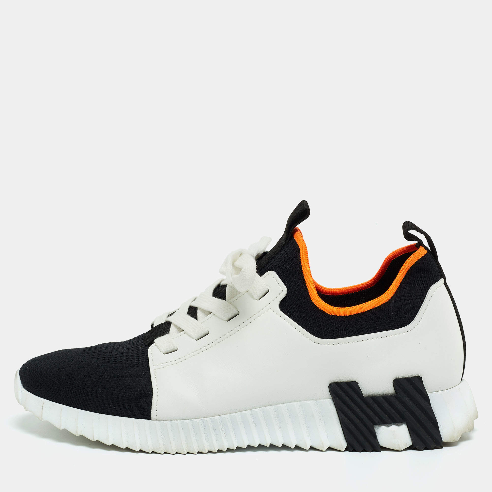 Hermes White/Black Leather and Knit Fabric Depart Sneakers Size 42