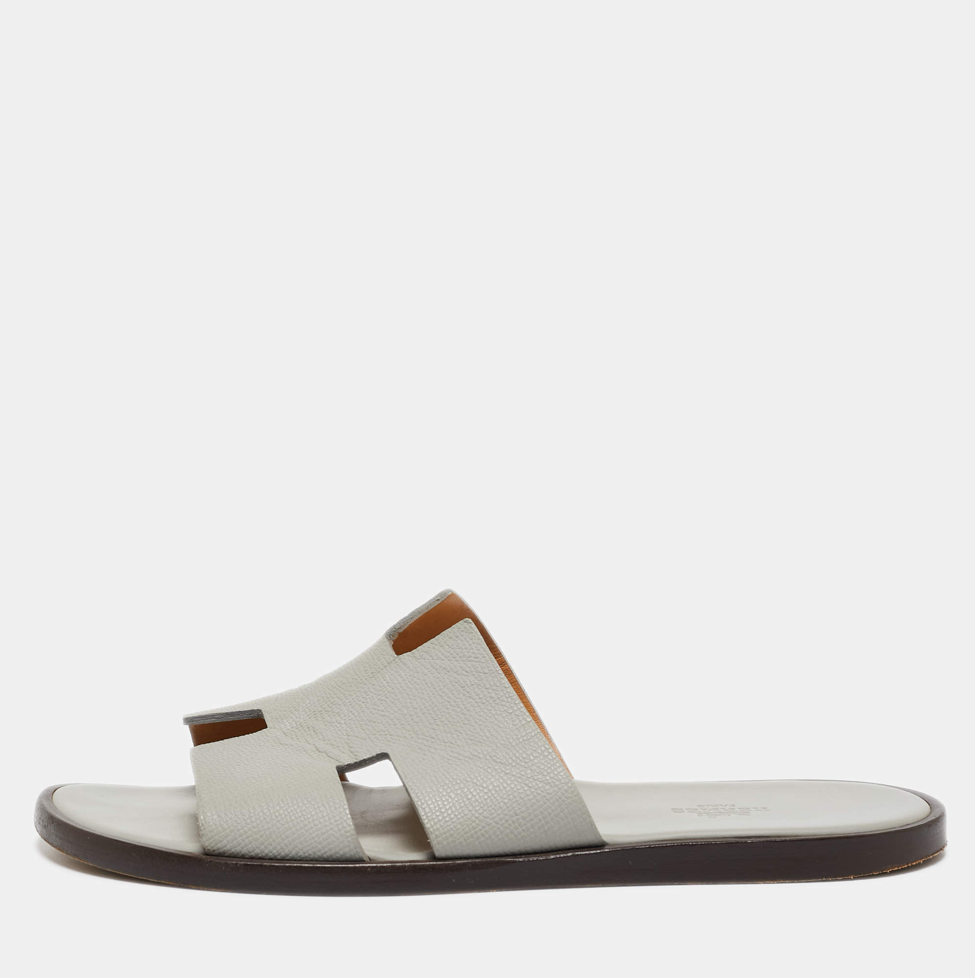Hermes Grey Leather Izmir Slides Size 41