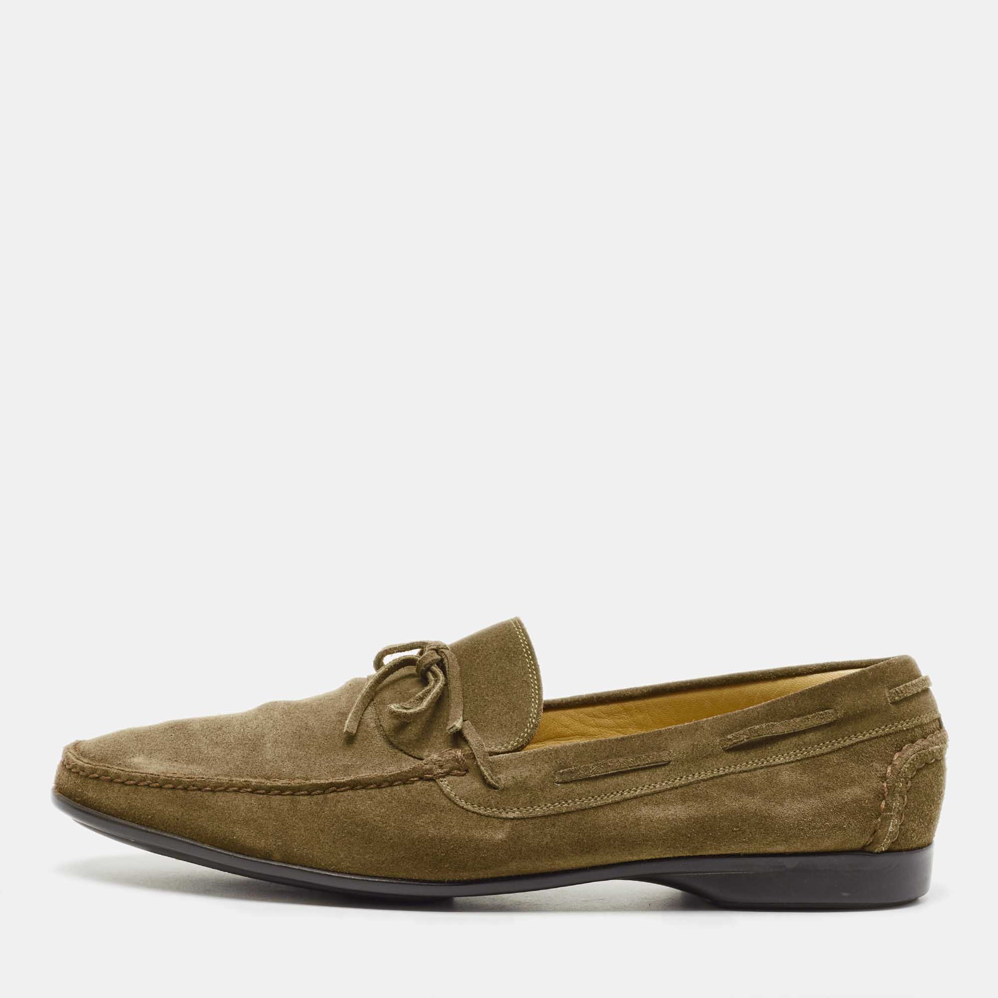 Hermes Olive Green Suede Bow Accents Loafers Size 44