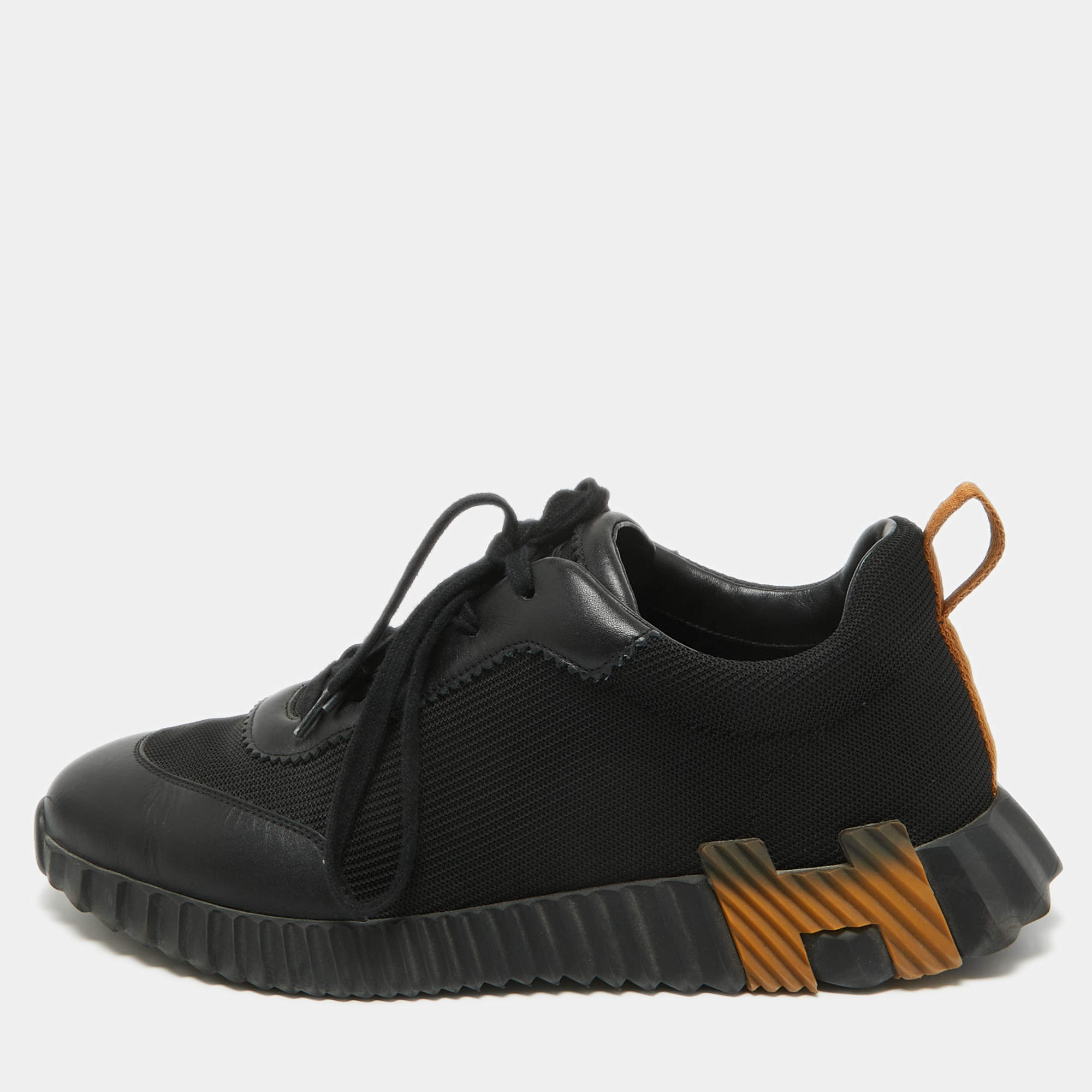 Hermes Black Leather and Mesh Bouncing Low Top Sneakers Size