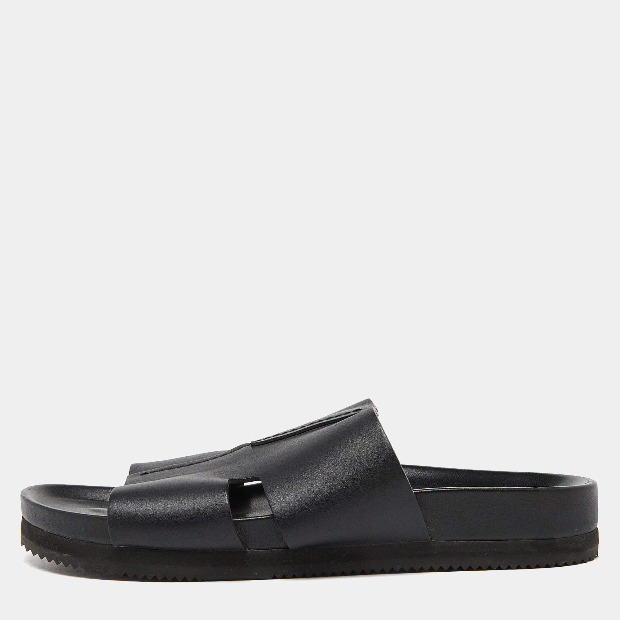 Hermes Black Leather Slides Size 44.5 