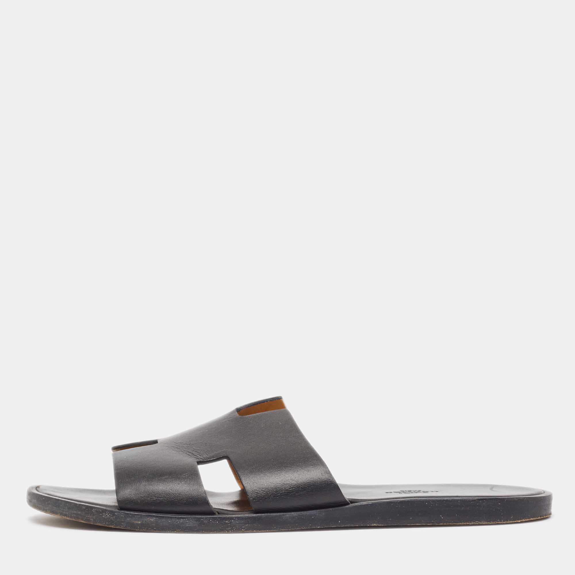 Hermes Black Leather Izmir Slide Sandals Size 43