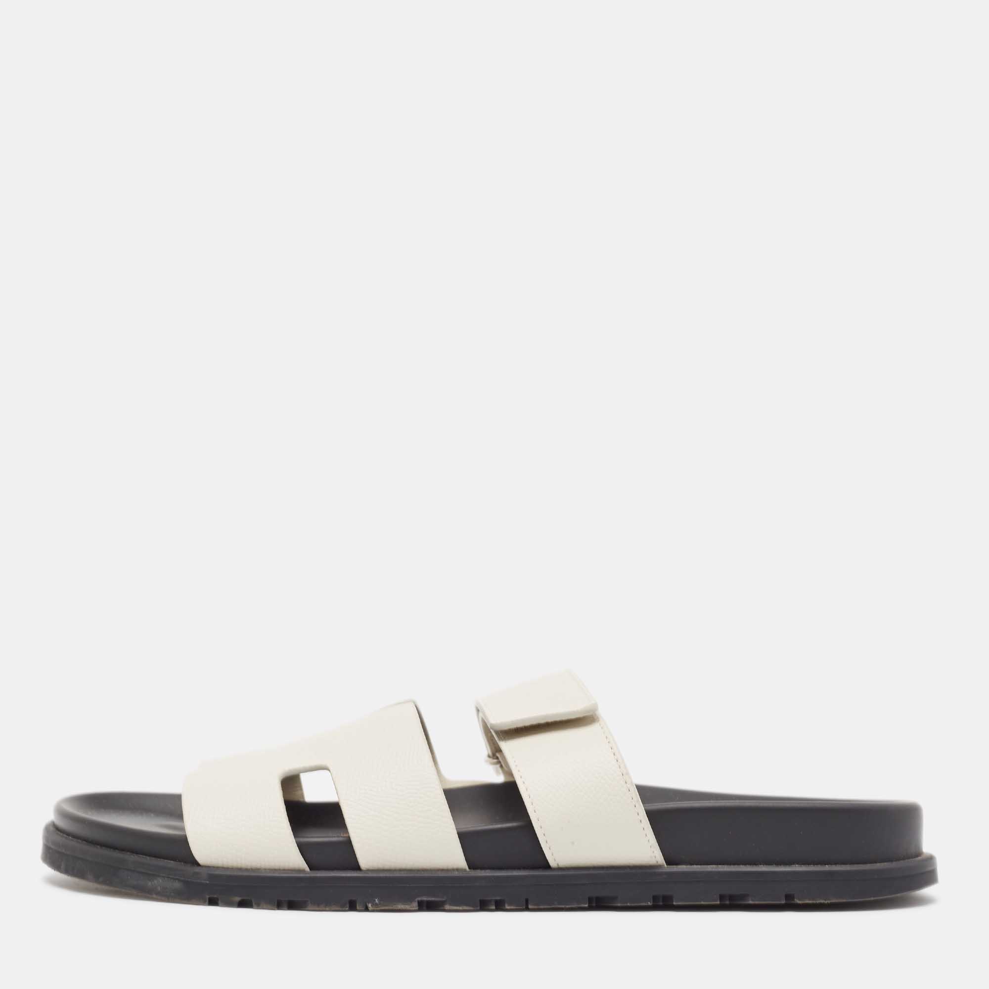 Pre Owned Hermes White Leather Chypre Sandals Size 43