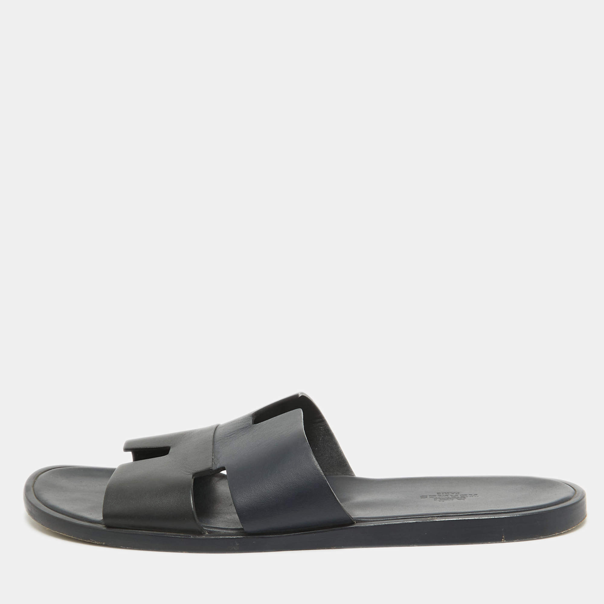 Hermes Navy Blue/Black Leather Izmir Slides Size 44
