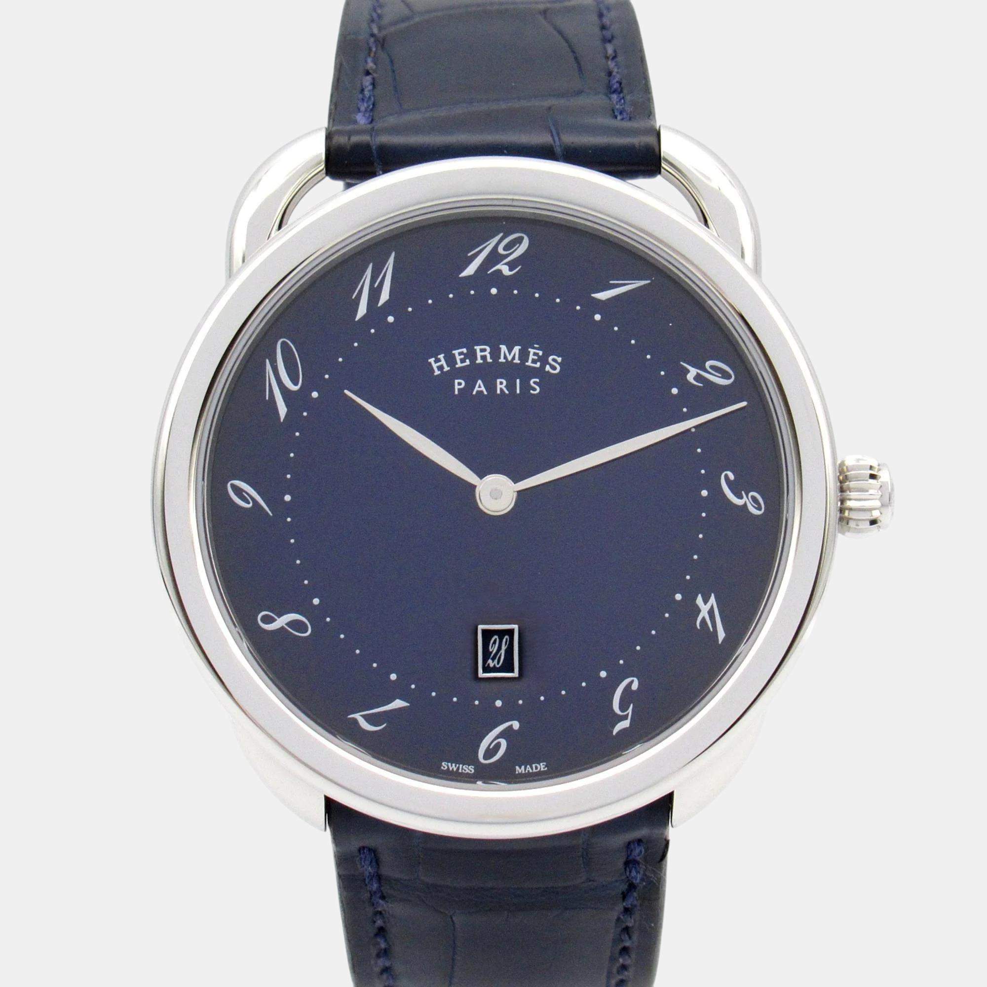 Hermes Blue Stainless Steel Arceau AR7Q.810 Quartz Men's Wristwatch 40 mm