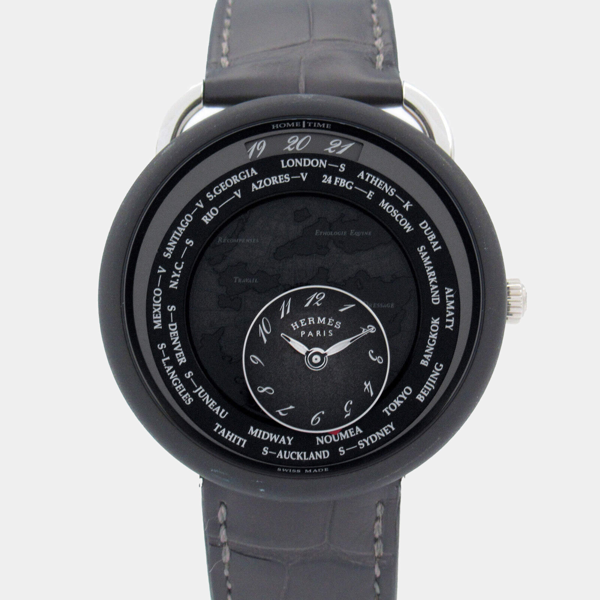Hermes Black Titanium Le Temps Voyageur Automatic Men's Wristwatch 41 mm