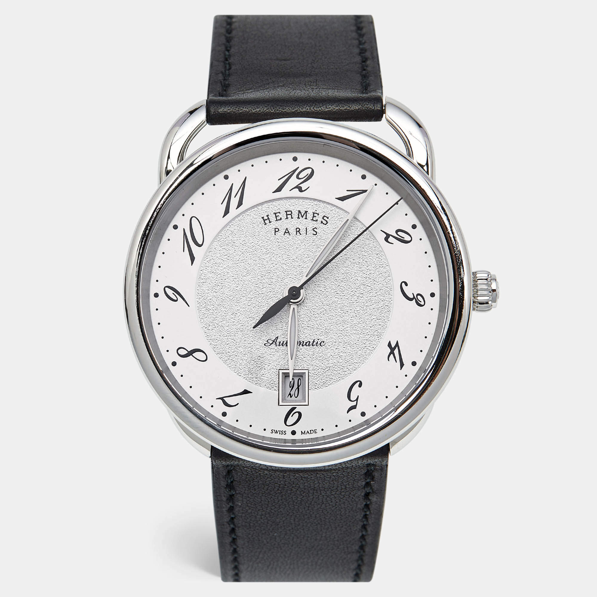 Pre Owned Hermes Silver Dial Stainless Steel Leather Arceau AR7.710 Men's Wristwatch 41 mm