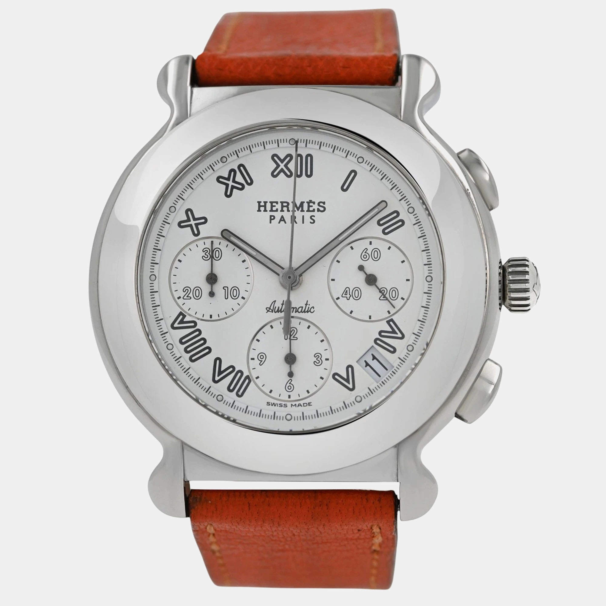 Pre Owned Hermes Kepler Chronograph KP1.910 Automatic White Stainless Steel Men's Wristwatch 40 mm