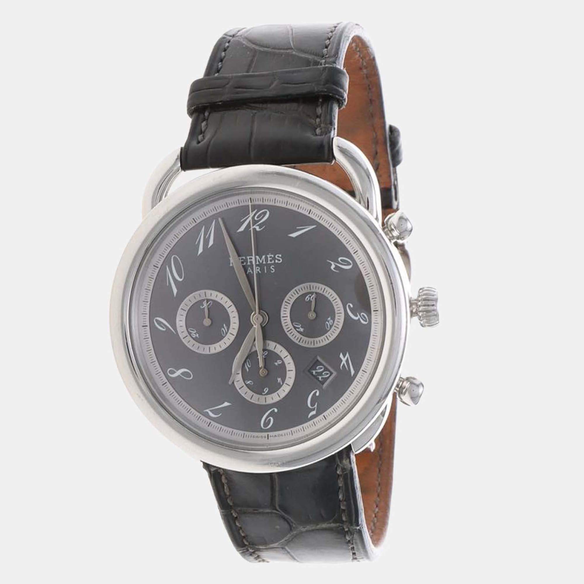 Pre Owned Hermes Arceau Chrono AR4.910 Automatic Black Stainless Steel Men's Wristwatch 43mm