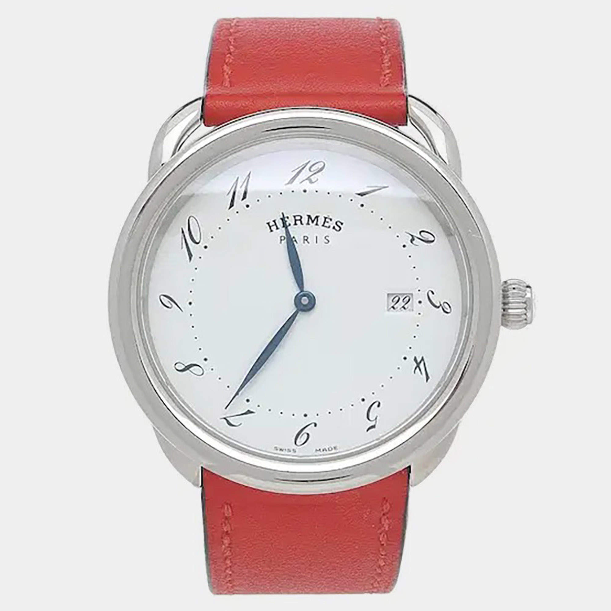 Pre Owned Hermes Arceau AR5.710 White Stainless Steel Quartz Men's Watches 38mm