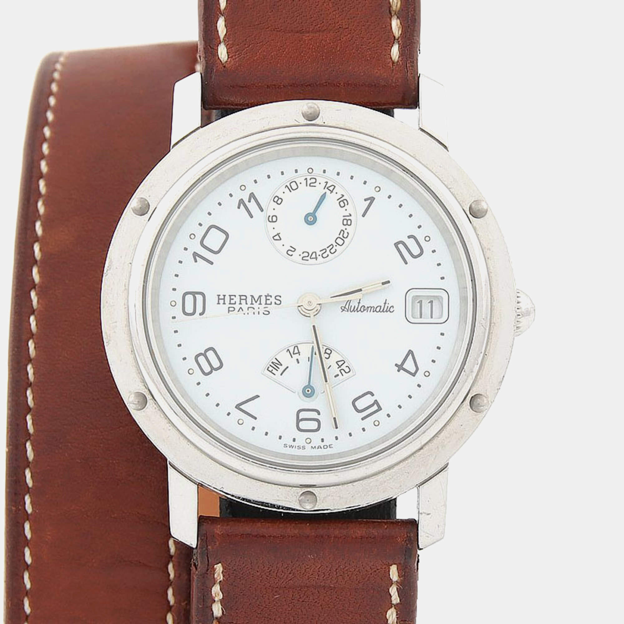 Pre Owned Hermes Clipper CL5.710 White Stainless Steel Automatic Men's Watches 36mm