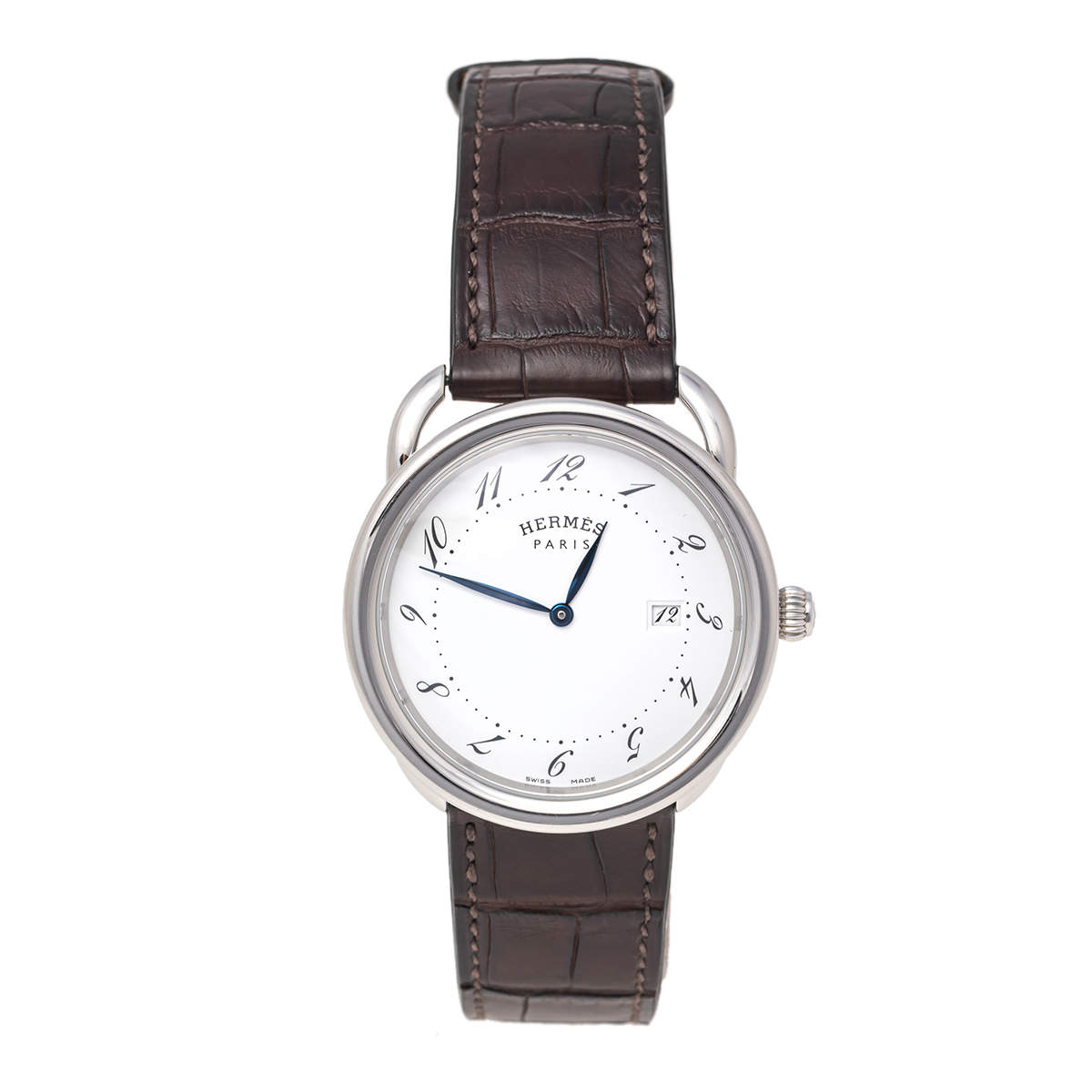 Hermes Silver Stainless Steel Leather Arceau AR5.710A Men's Wristwatch 38 mm