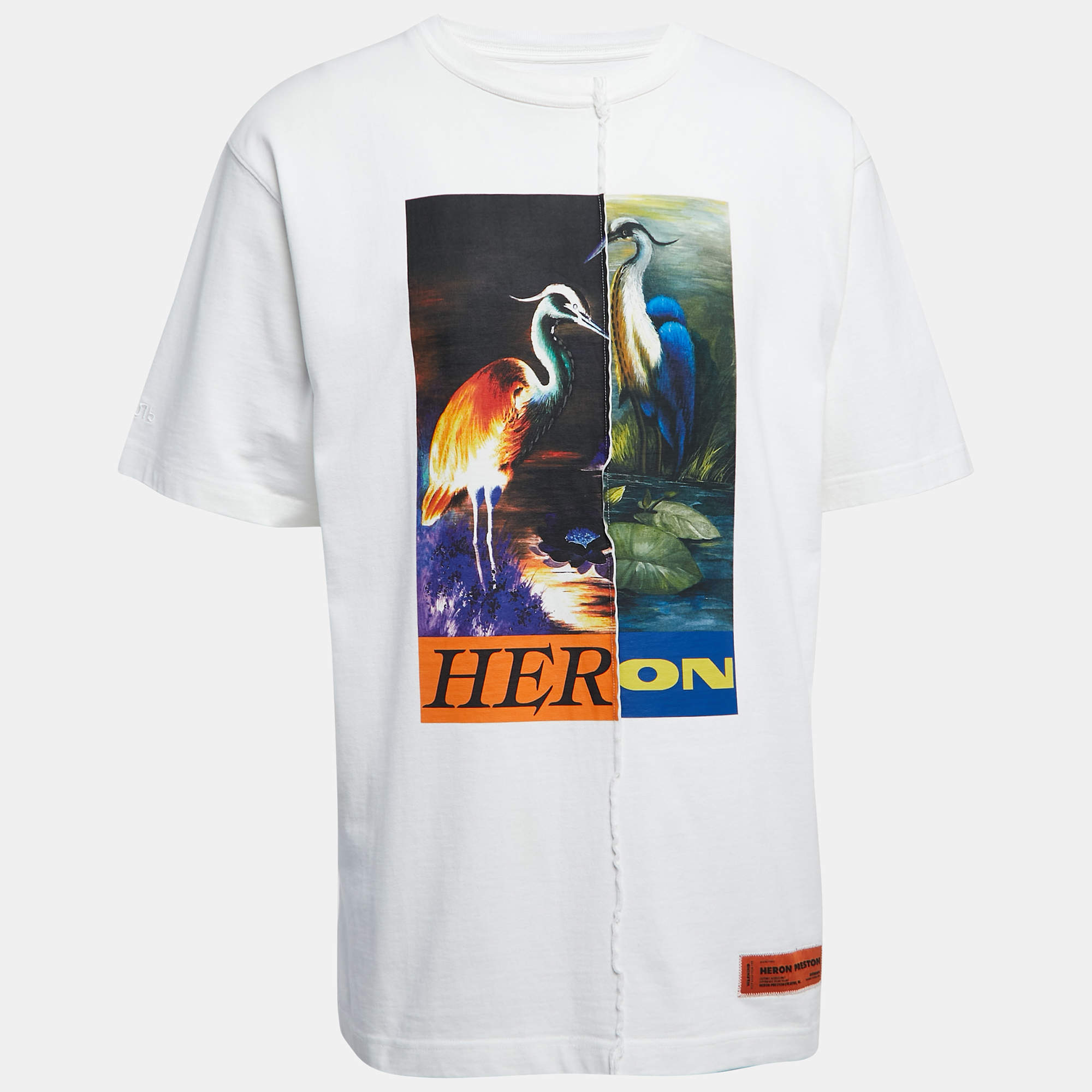 Pre Owned Heron Preston White Herons Print Cotton Crew Neck Oversized T-Shirt S