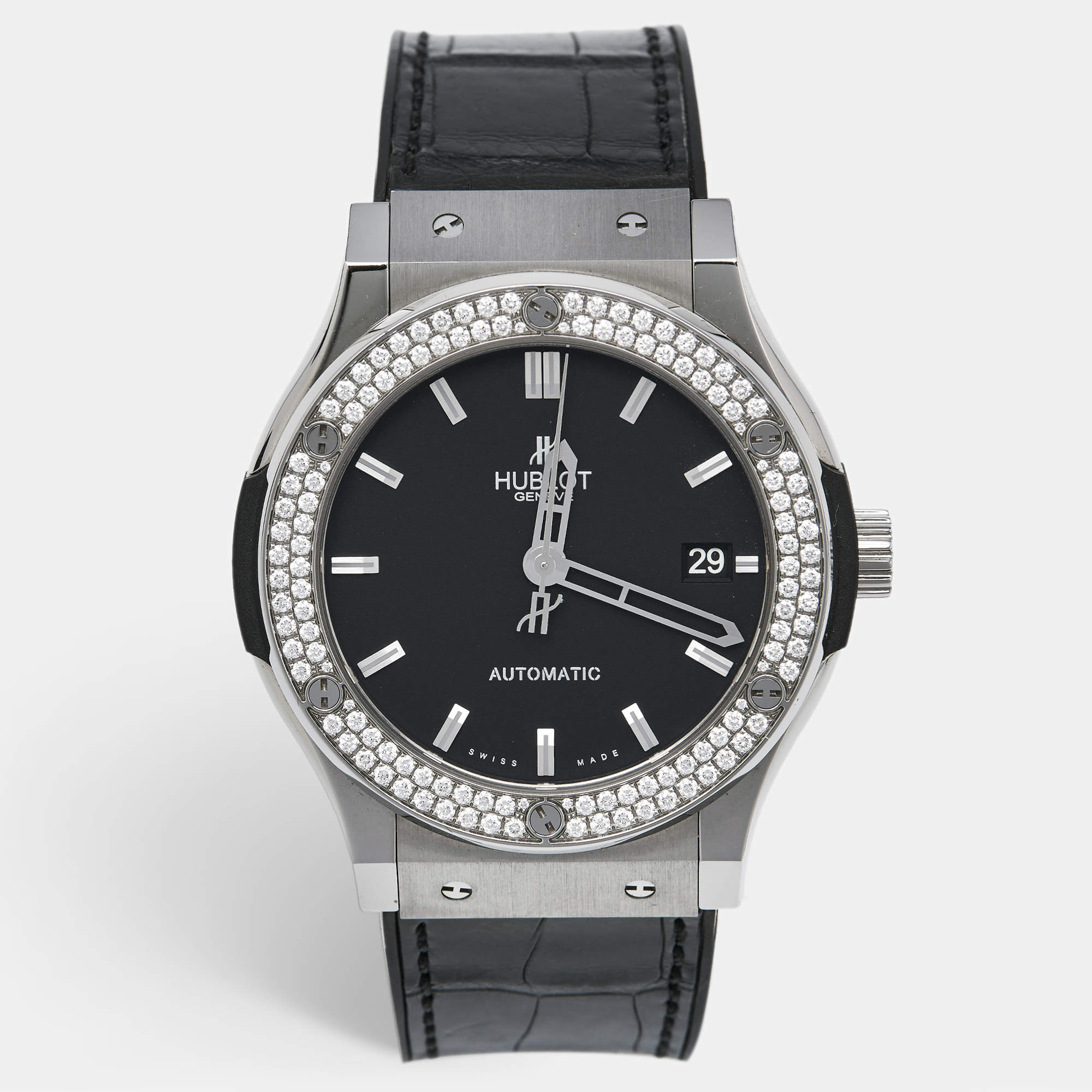Hublot Black Titanium Diamond Rubber Alligator Leather Classic Fusion 511.NX.1171.LR.1104 Women's Wristwatch 45 mm