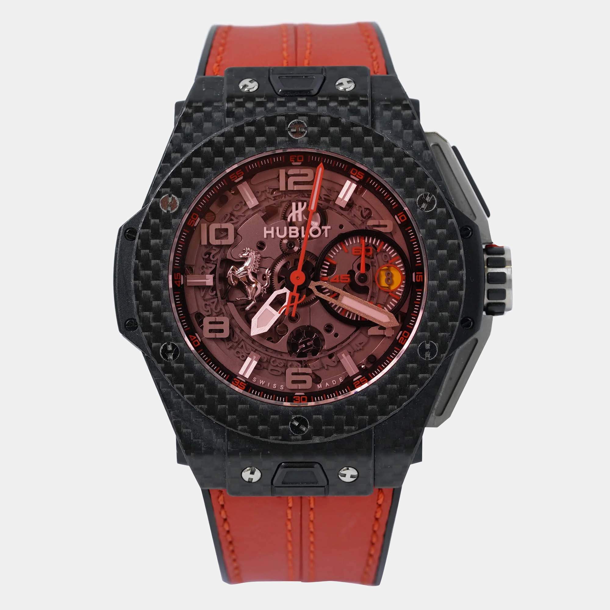Pre Owned Hublot Big Bang Ferrari 401.QX.0123.VR Automatic Red Skeleton Carbon Fiber Men’s Wristwatch 45 mm