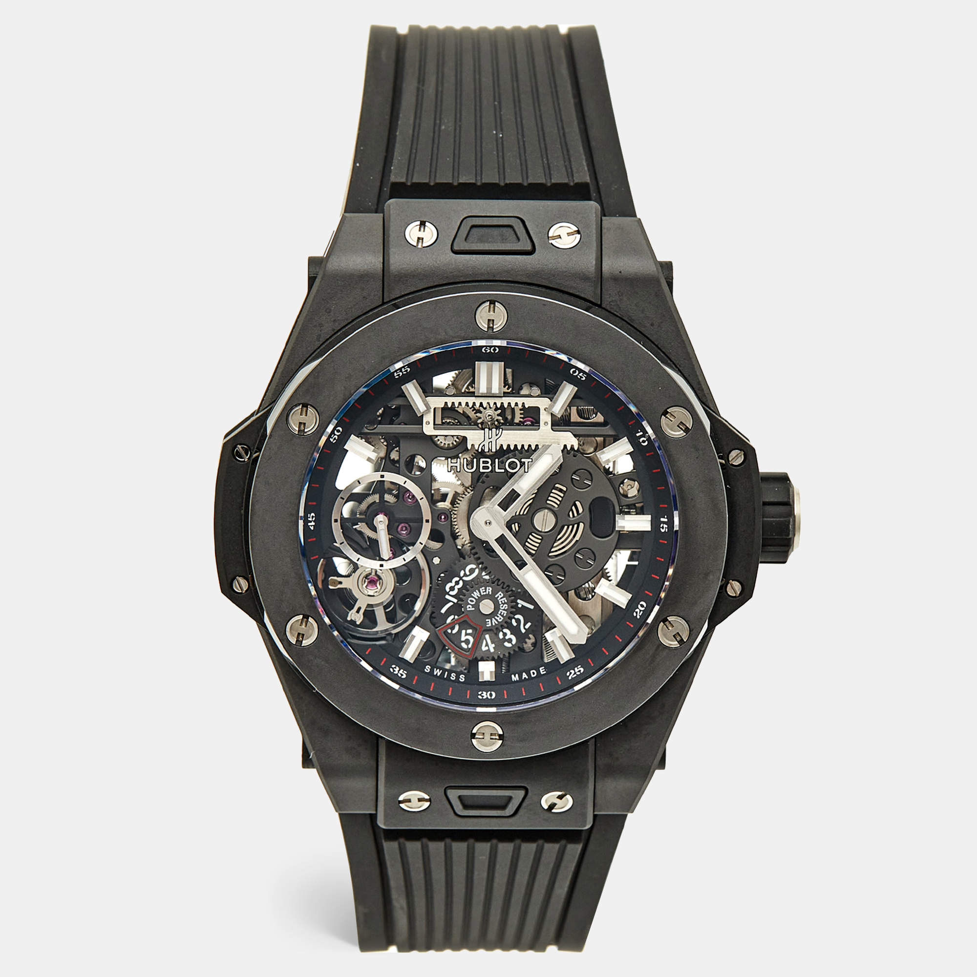Pre Owned Hublot Black Skeleton Ceramic Rubber Big Bang Meca-10 Black Magic 414.C1.1123.RX Men's Wristwatch 45 mm